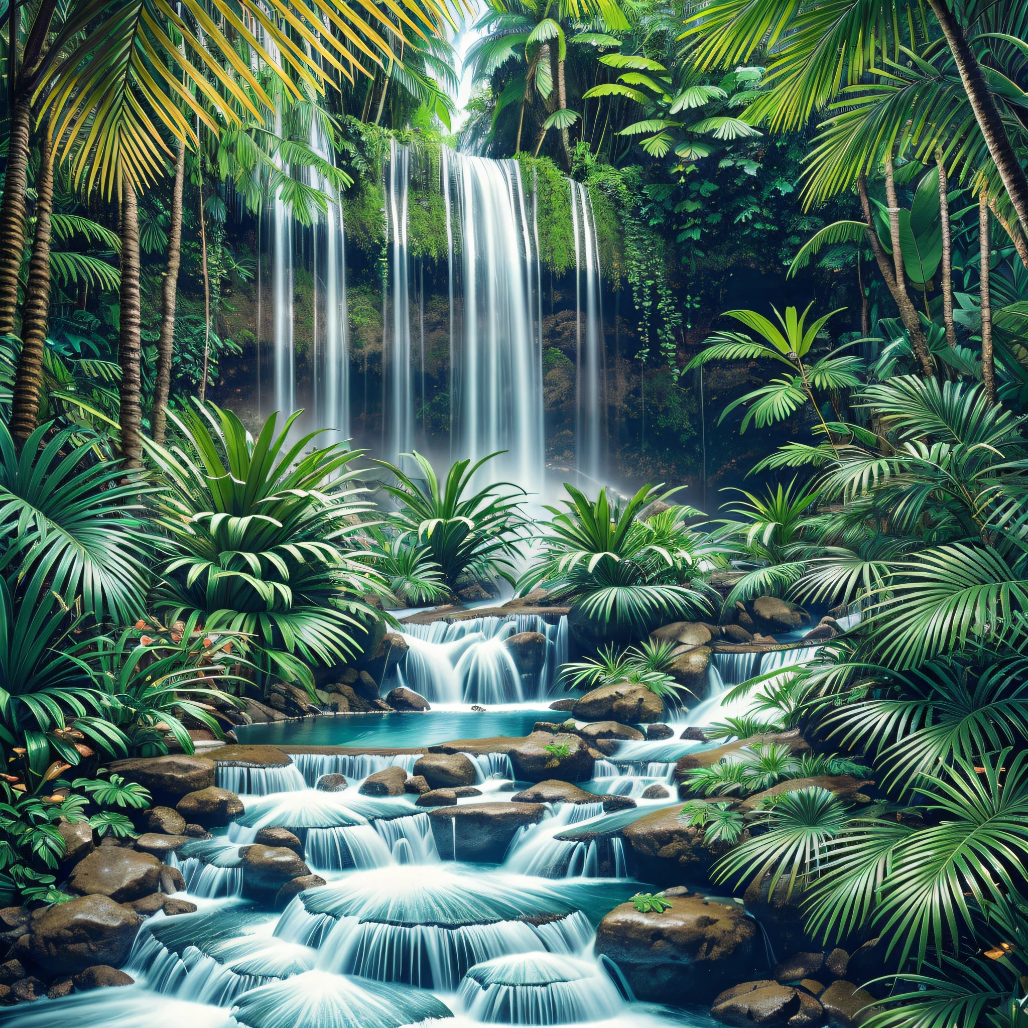 ropical paradise Intricate details, very realistic, cinematic lighting, volumetric lighting,ultra realistic detailed masterpiece wonderful amazing with path of rivers into the jungle that at the end is a beautiful waterfall with luminous reflections, hyper-realistic --auto --s2