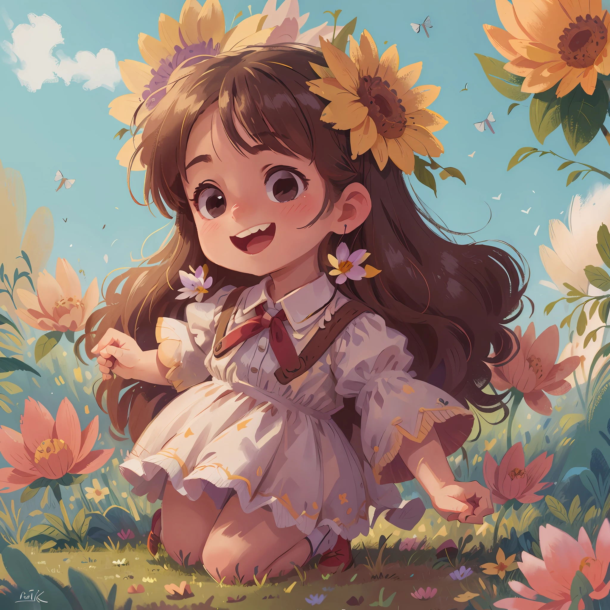 On the soft grass, a cute little girl held flowers in her hand, reached out and raised colorful balloons in the sky, and danced happily. The distant scenery seems as blurry as bokeh, but this painting shows the vividness of her skin, eyes and details at its best. Perfect quality, detailed skin, intricate details, 8K detail performance, sharp focus, best quality - this is a masterpiece. Her joy and happiness are also presented to the viewer.