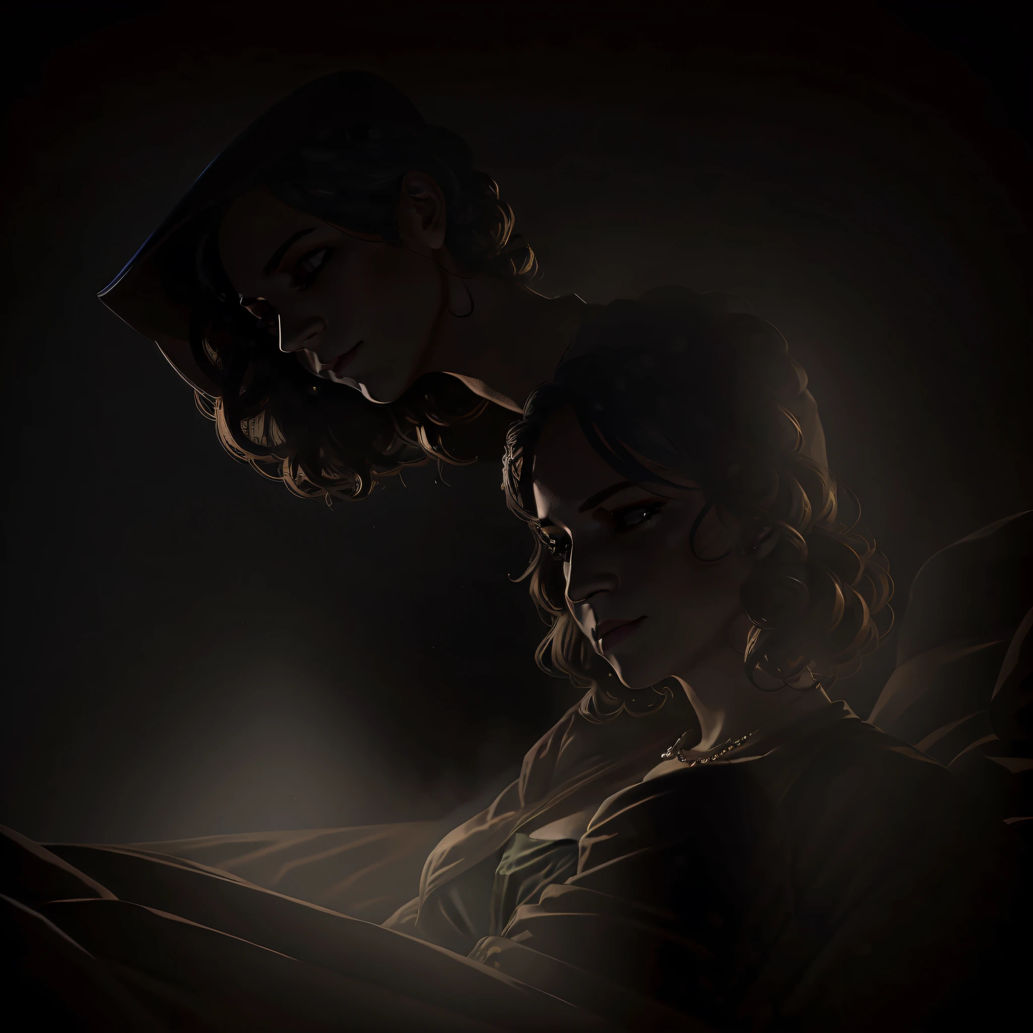 Style Mysterious and dark atmosphere, Camera position Medium shot, focusing on female's face as she wakes up in bed, 5 a.m., Shading Dim light, highlighting the shadows around the character, Colors Shades of dark blue and gray, emphasizing the darkness of the blackout, Character position sitting on the bed, looking at the dark surroundings, lineart, dark comic book, ambient occlusion