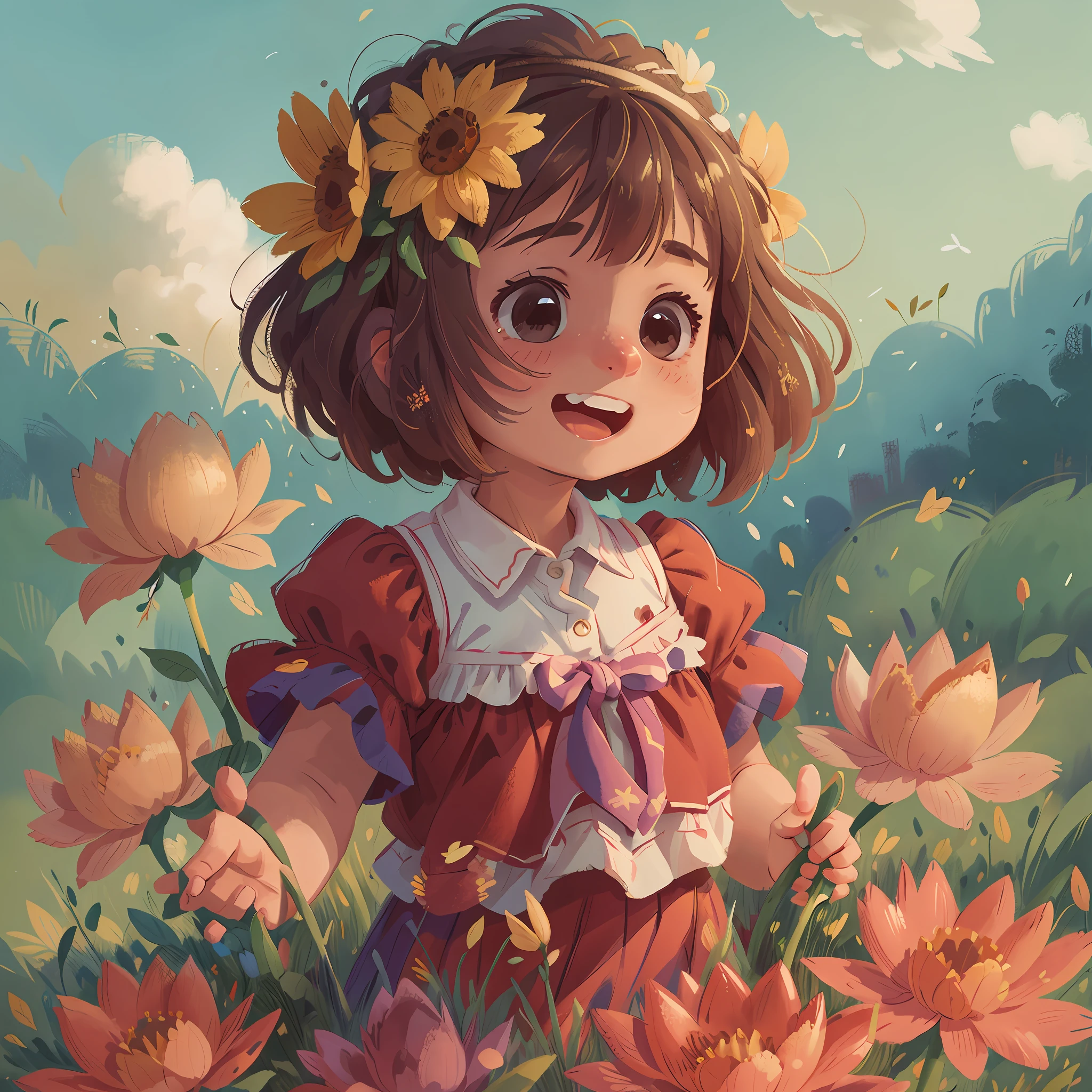 On the soft grass, a cute little girl held flowers in her hand, reached out and raised colorful balloons in the sky, and danced happily. The distant scenery seems as blurry as bokeh, but this painting shows the vividness of her skin, eyes and details at its best. Perfect quality, detailed skin, intricate details, 8K detail performance, sharp focus, best quality - this is a masterpiece. Her joy and happiness are also presented to the viewer.