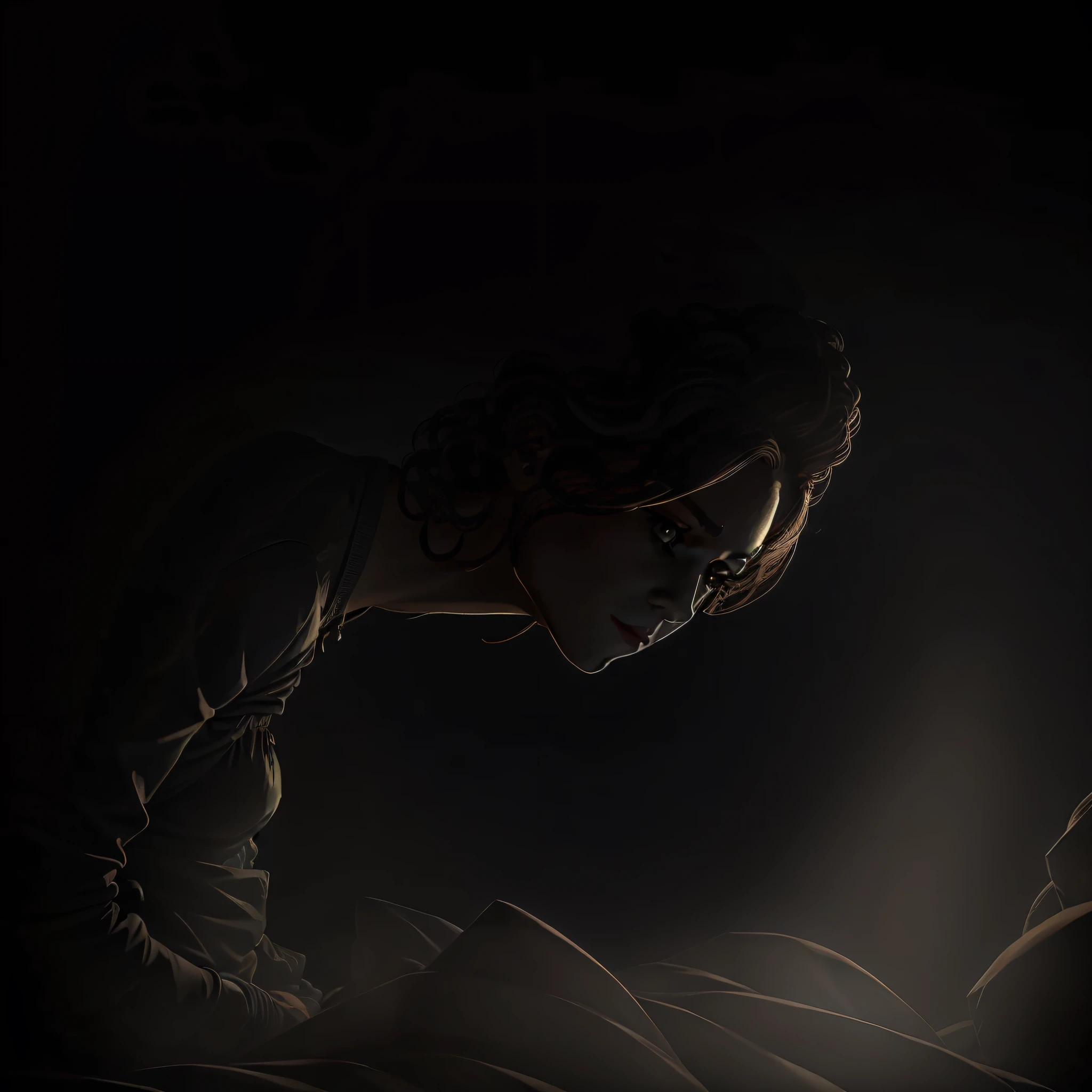 Style Mysterious and dark atmosphere, Camera position Medium shot, focusing on female's face as she wakes up in bed, 5 a.m., Shading Dim light, highlighting the shadows around the character, Colors Shades of dark blue and gray, emphasizing the darkness of the blackout, Character position sitting on the bed, looking at the dark surroundings, lineart, dark comic book, ambient occlusion