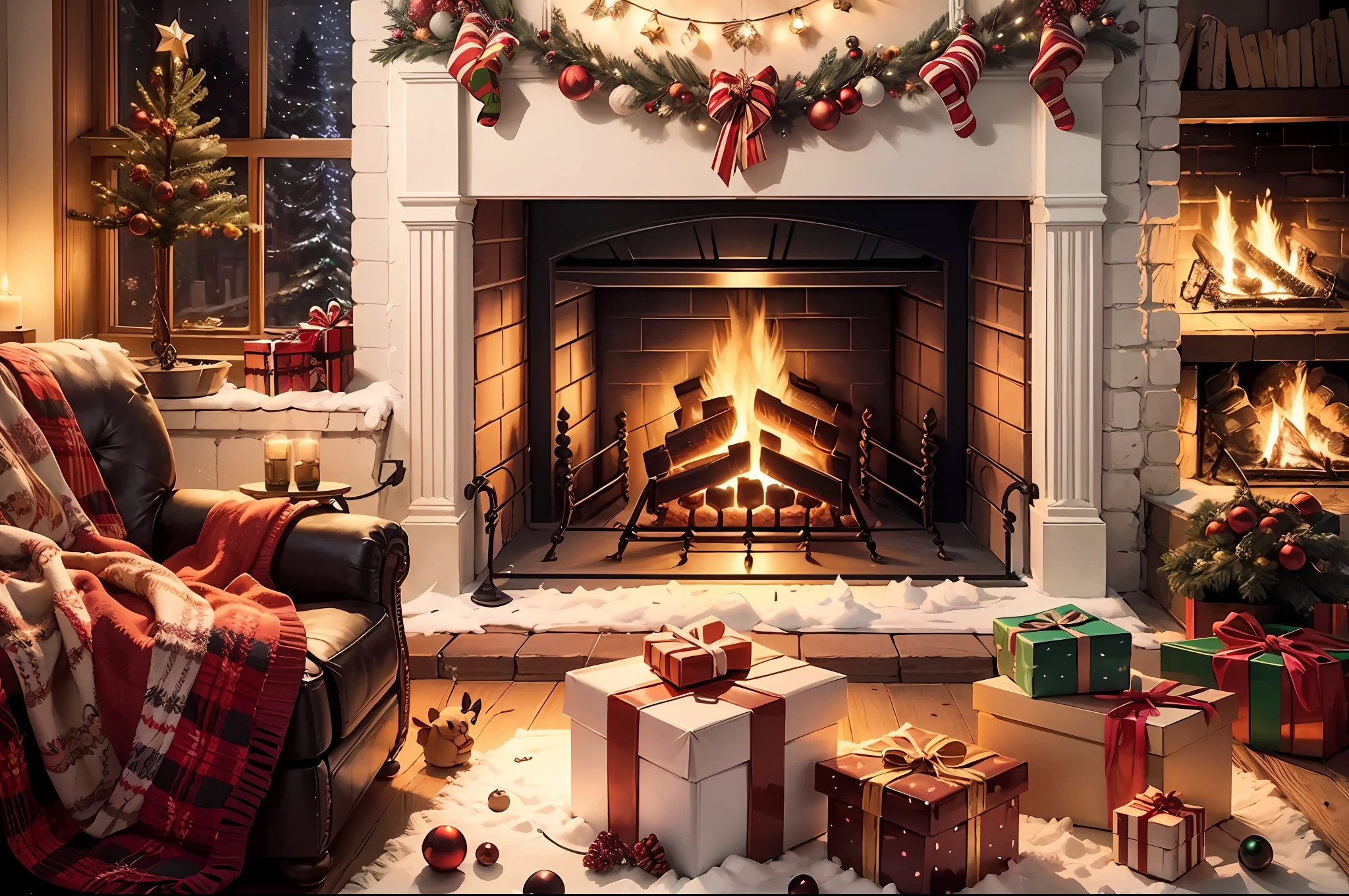 christmas decorations and presents are arranged around a fireplace, a portrait inspired by Rudolph F. Ingerle, shutterstock, fantastic realism, christmas night, santa's workshop, hight decorated, cosy enchanted scene, detailed scene, lights are on in the windows, 🕹️ 😎 🔫 🤖 🚬, in front of a fireplace, festive atmosphere, cosy fireplace --auto --s2