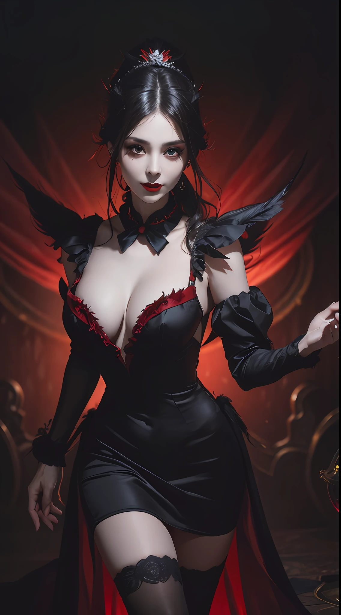 1 beautiful devil woman from hell, In the Dark: 1.6), surreal female portrait by David Hockney and Alphonse Mucha, fantasy art, korea doll, photorealism, dynamic lighting, artstation, poster, volumetric lighting, very detailed faces, 8k ultra, Awarded, in the dark, deep shadow, low key, cowboy lens, (Red phoenix dress: 1.4), long hair, black hair, bust, luxurious palace, Royal style, devil  crown, red eyes make up very sharp and detailed, The most beautiful face, The breasts are very big and round and round, Super realistic, chinese women's clothing, polo neck sweater, Charming smile, The eyes are very well made up, guweiz, devil style, wearing black mesh socks, Ponytail with a bow tied at the back of the hair, Red black lips, Devil tattoo on shoulder, wearing a thin red and black robe, the landscape is overcast and thunderous, (Portrait), Close-up of the main character, (Background details 1.8),