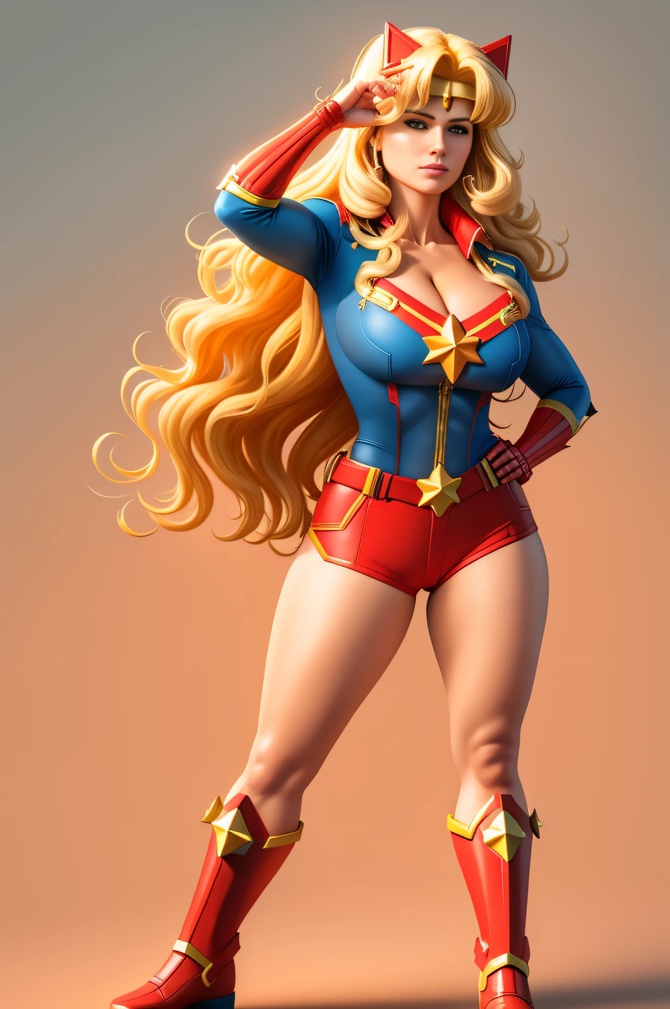 cowboy shot,  full body portrait, Captain Marvel, Superhero, 1980s \(style\), 1girl, long blonde hair, retro artstyle, long wavy hair, solo, Sailor Moon outfit, unbutton_shirt, (natural_breasts:1.2), medium_breasts, cleavage, full body shot, model pose, shoes visible