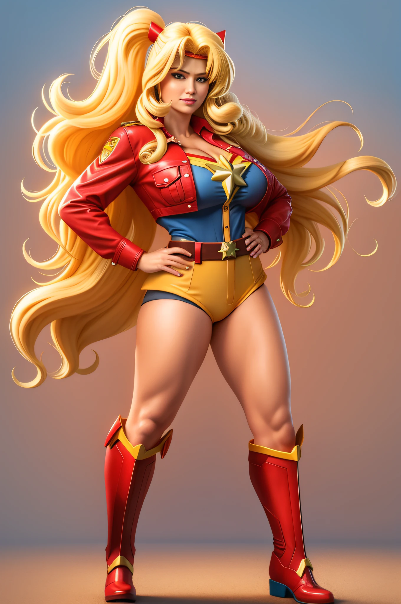 cowboy shot, full body portrait, Captain Marvel, Superhero, 1980s \(style\), 1girl, long blonde hair, retro artstyle, long wavy hair, solo, Sailor Moon outfit, unbutton_shirt, (natural_:1.2), medium_breastsage, fullot, model pose, shoes visible