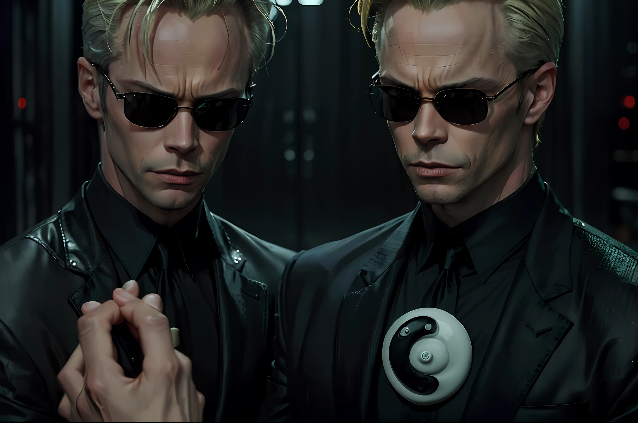 (yin yang men), (men reflection of each other), (((yin yang))) ,((best quality)), ((masterpiece)), (detailed) fan art of evil man GUY PEARCE face, blond GUY PEARCE in a suit with square sunglasses close up, night, 80mm, ((western animation)), (neo the matrix (1999)), (short hair), (tokyo street nights)