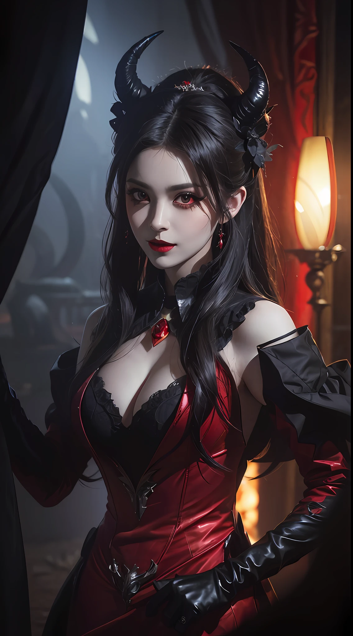 1 beautiful devil woman from hell, In the Dark: 1.6), surreal female portrait by David Hockney and Alphonse Mucha, fantasy art, korea doll, photorealism, dynamic lighting, artstation, poster, volumetric lighting, very detailed faces, 8k ultra, Awarded, in the dark, deep shadow, low key, cowboy lens, (Red phoenix dress: 1.4), long hair, black hair, bust, luxurious palace, Royal style, devil crown, red eyes make up very sharp and detailed, The most beautiful face, The breasts are very big and round and round, Super realistic, chinese women's clothing, polo neck sweater, Charming smile, The eyes are very well made up, guweiz, devil style, wearing black mesh socks, Ponytail with a bow tied at the back of the hair, Red black lips, Devil tattoo on shoulder, wearing a thin red and black robe, the landscape is overcast and thunderous, (Portrait), Close-up of the main character, (Background details 1.8),