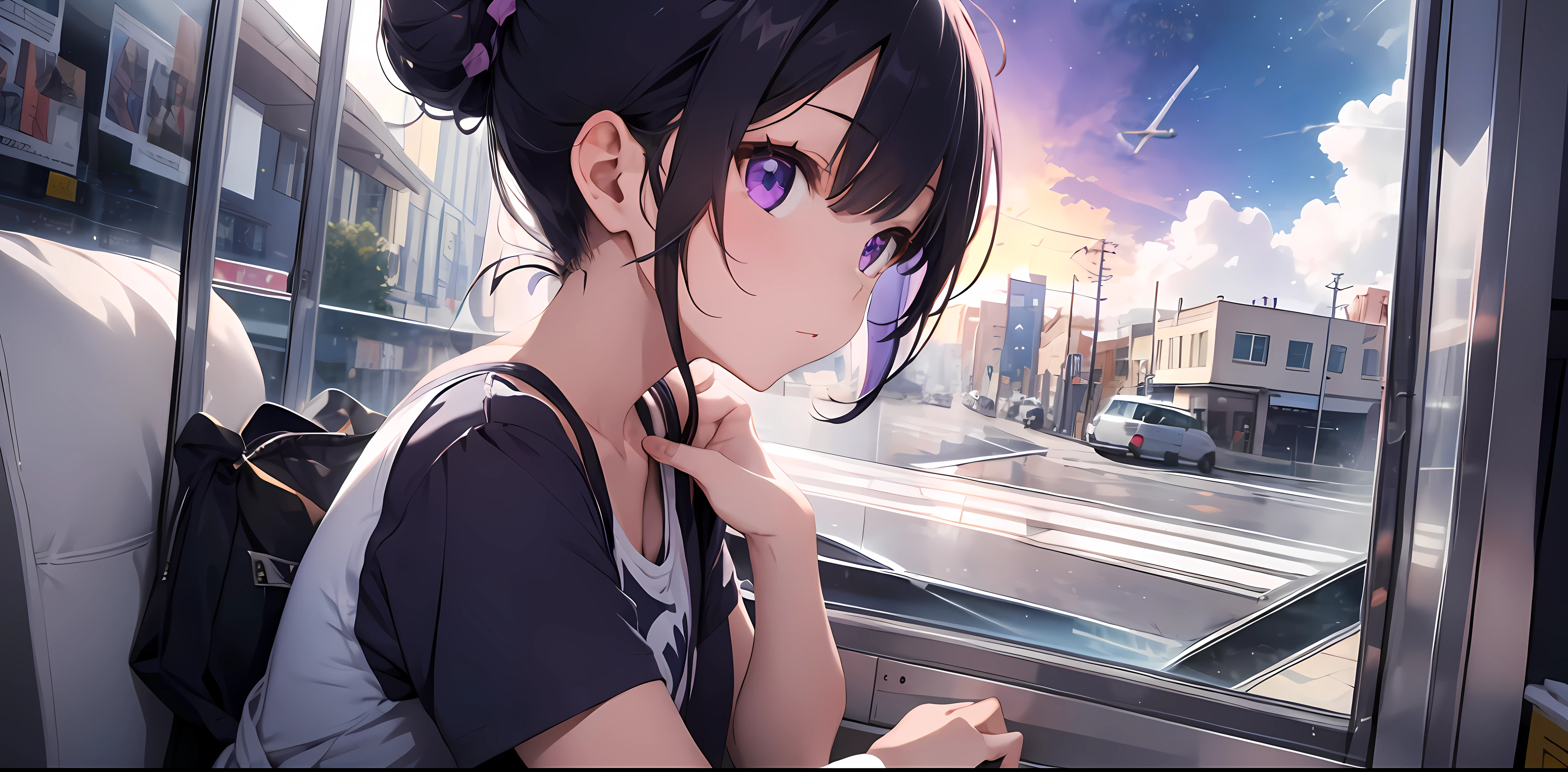 (1girl), (solo), (profile), extremely cute girl, (highly detailed beautiful face and eyes), lamentation, purple eyes, (navy hair):1.2, (tied up back hair into bun), (one top knot bun on head):1.2, many bangs, beautiful hair, oversized tshirt, short pants, sandals
BREAK
absurdres, highres, masterpiece, (in window of flying airplane):1.5, (in air), (vivid colors),
