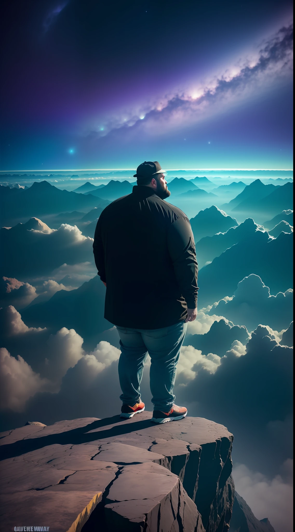 Watch the universe as an overweight man stands on the edge of the abyss | Overweight man, creative universe, scenery on the edge of the abyss, intense shadows and high contrast lighting, depth effect, dark and mysterious outer space. Real photography. Suoer hyper detailed, 8k uhd.