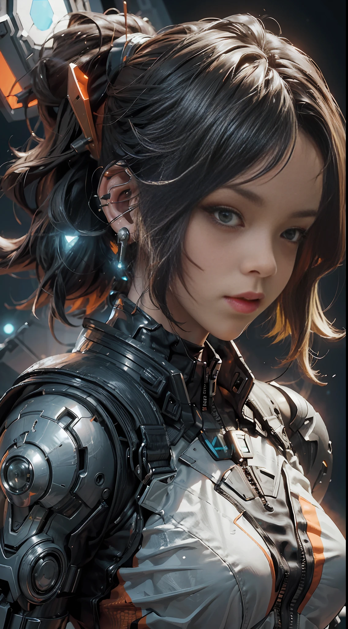 sci-fi, retro, futuristic, original photo, Rihanna with tech suit jacket (orange and white), angry look, super sharp, glowing paint, particles, flare, 3d abstract rendered background (C4d, octane rendering), many details in an amazing composition, reflecting glass balls