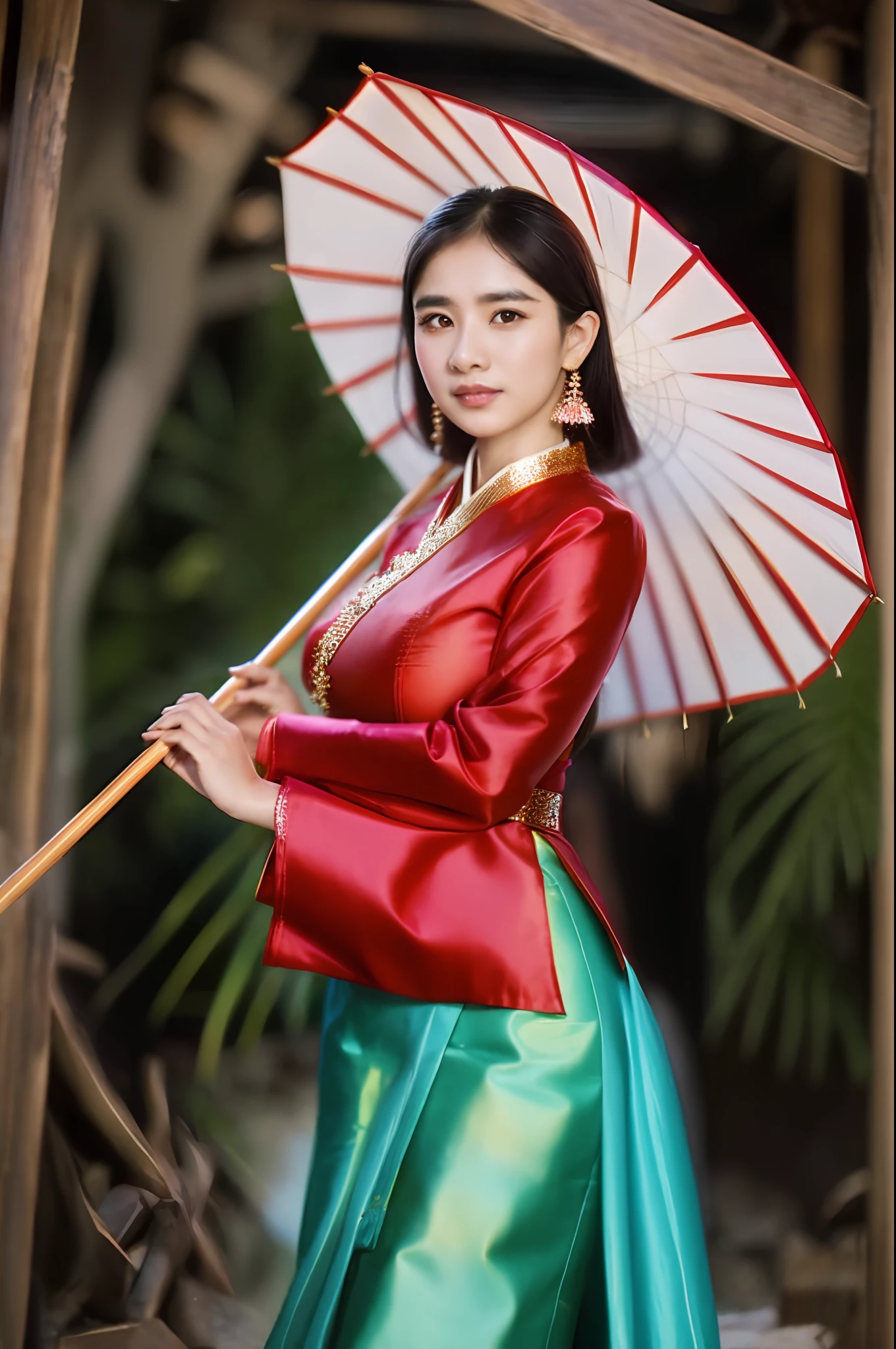 arafed asian woman in traditional dress holding an umbrella, sukhothai costume, traditional dress, traditional beauty, traditional clothes, wearing traditional garb, traditional costume, traditional clothing, traditional tai costume, nivanh chanthara, traditional, a young asian woman, inspired by Jin Nong, wearing authentic attire, south east asian with long