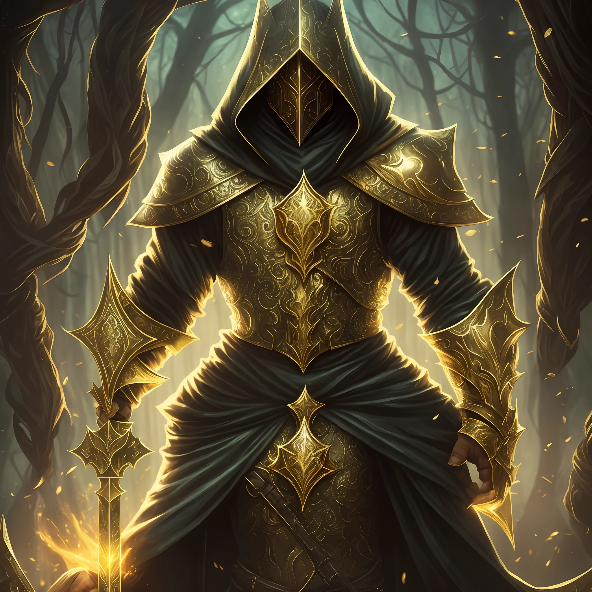 a close up of a person in a hooded jacket holding a sword, fantasy card game art, paladin golden armor, golden armor, epic exquisite character art, epic fantasy character art, gold heavy armor. dramatic, gold armor, epic fantasy card game art, full portrait of magical knight, epic fantasy digital art style, epic fantasy style art, fantasy game art