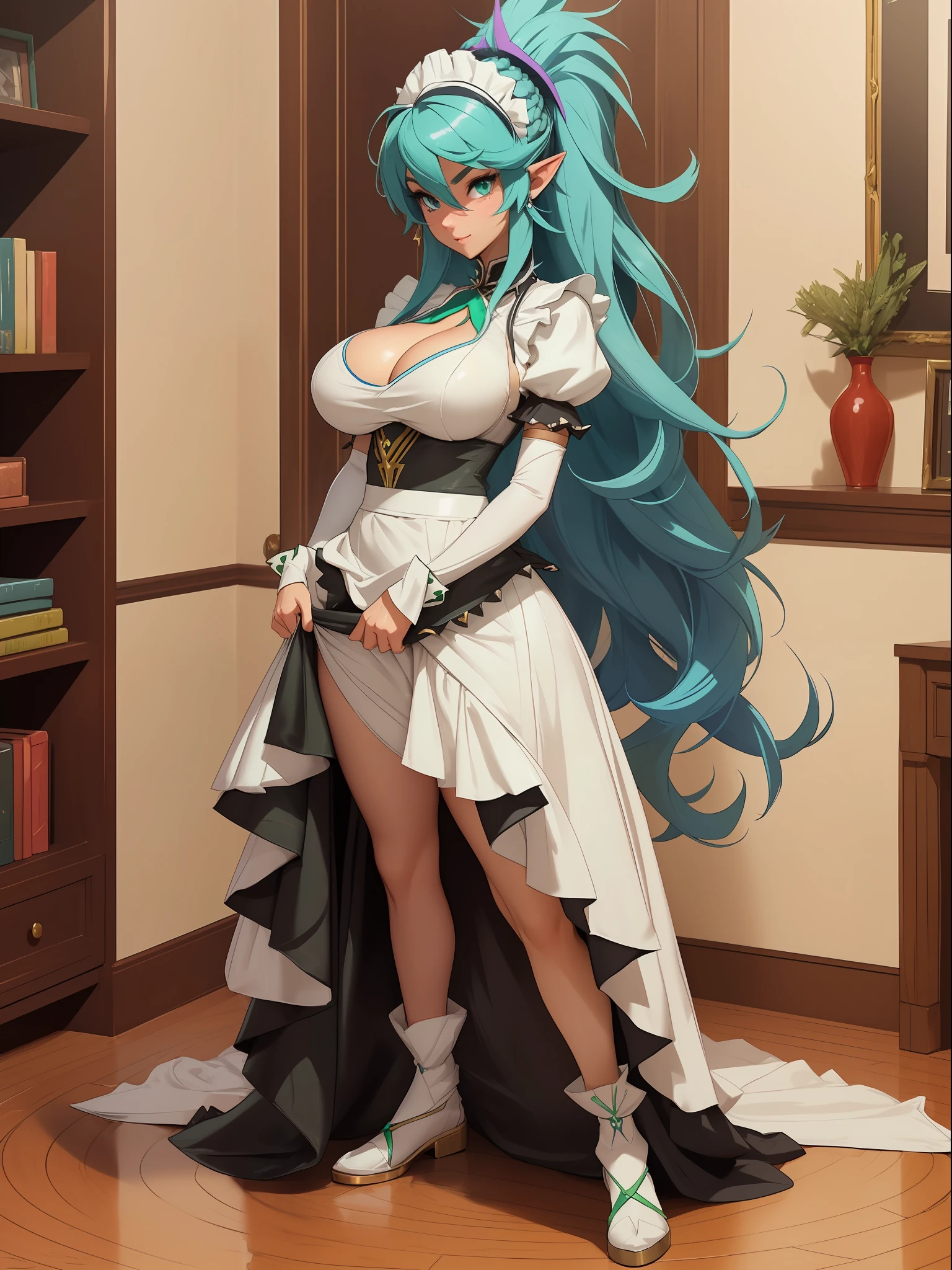 Princess Zelda:(full body image/standing/foot on the ground:1.5),(large breasts:2), she:(wearing black maid costume:1.3), (very short white skirt:1.3), (extremely tight clothing on body:1.4),. She's inside a hotel room in front of a bookcase with a 40-inch TV. She: has, (blue mohawk hair:1.5), (green eyes:1.5), is smiling, looking at the viewer, (exhibitionist pose: 1.1), framed. anime, 16k, UHD, best quality, textured skin, high details, masterpiece, anatomically correct