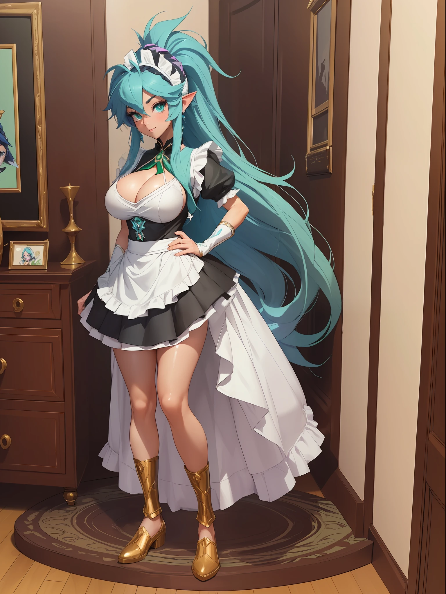 Princess Zelda:(full body image/standing/foot on the ground:1.5),(large breasts:2), she:(wearing black maid costume:1.3), (very short white skirt:1.3), (extremely tight clothing on body:1.4),. She's inside a hotel room in front of a bookcase with a 40-inch TV. She: has, (blue mohawk hair:1.5), (green eyes:1.5), is smiling, looking at the viewer, (exhibitionist pose: 1.1), framed. anime, 16k, UHD, best quality, textured skin, high details, masterpiece, anatomically correct