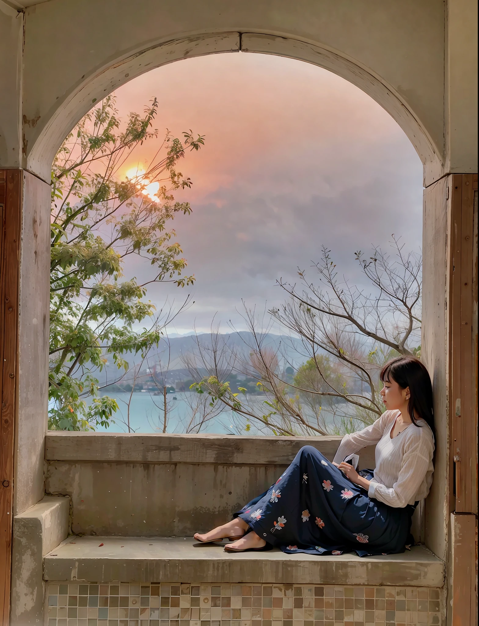 arafed woman sitting on a window sill looking out at the sunset, looking out at a sunset, at a beautiful sunset, with sunset, looking off into the sunset, sunset view, looking at sunset, watching the sunset, girl watching sunset, with a sunset, during a sunset, looking out, in the sunset, at the sunset, during sunset, sunset mood