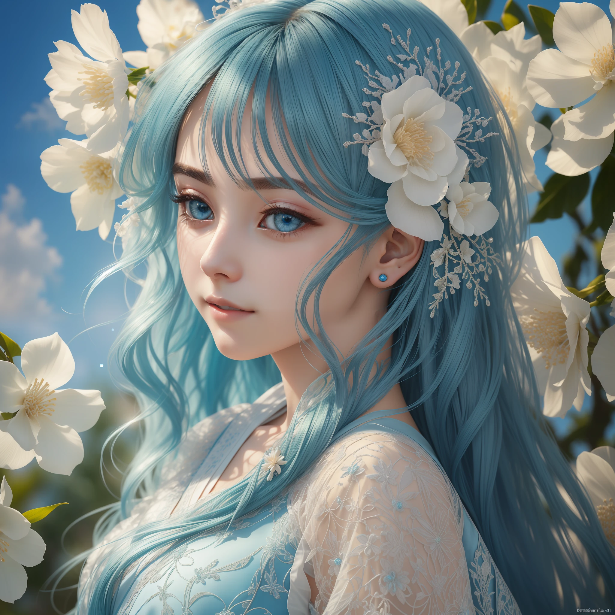 ultra realistic 8k cg, (((ultra detailed background, delicate pattern, intricate detail, highly detailed, fine details))), best quality, (photorealistic:1.4),beautiful lighting, absurdres, RAW photo, film grain, ((medium breasts, slim girl)), KozukiHiyori, 1girl, solo, hair ornament, closed mouth, hair flower, japanese clothes, makeup, kimono, lipstick, aqua hair, blue eyes, long hair, hair stick, smile, kanzashi, ((complex detailed background, blue sky, nature environment, close-up, portrait, clear face)),