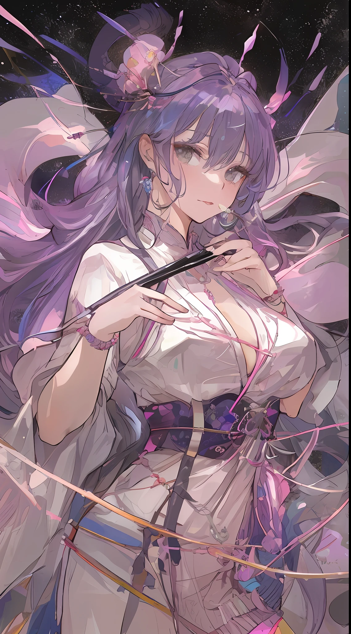 Masterpiece, Best, Night, Full Moon, 1 Female, Mature Woman, Chinese Style, Ancient China, Elder Sister, Royal Sister, Cold Face, Expressionless, Silver White Long Haired Woman, Pale Pink Lips, Calm, Intellectual, Three Belts, Gray Hitomi, assassin, dagger, flower ball background, street view