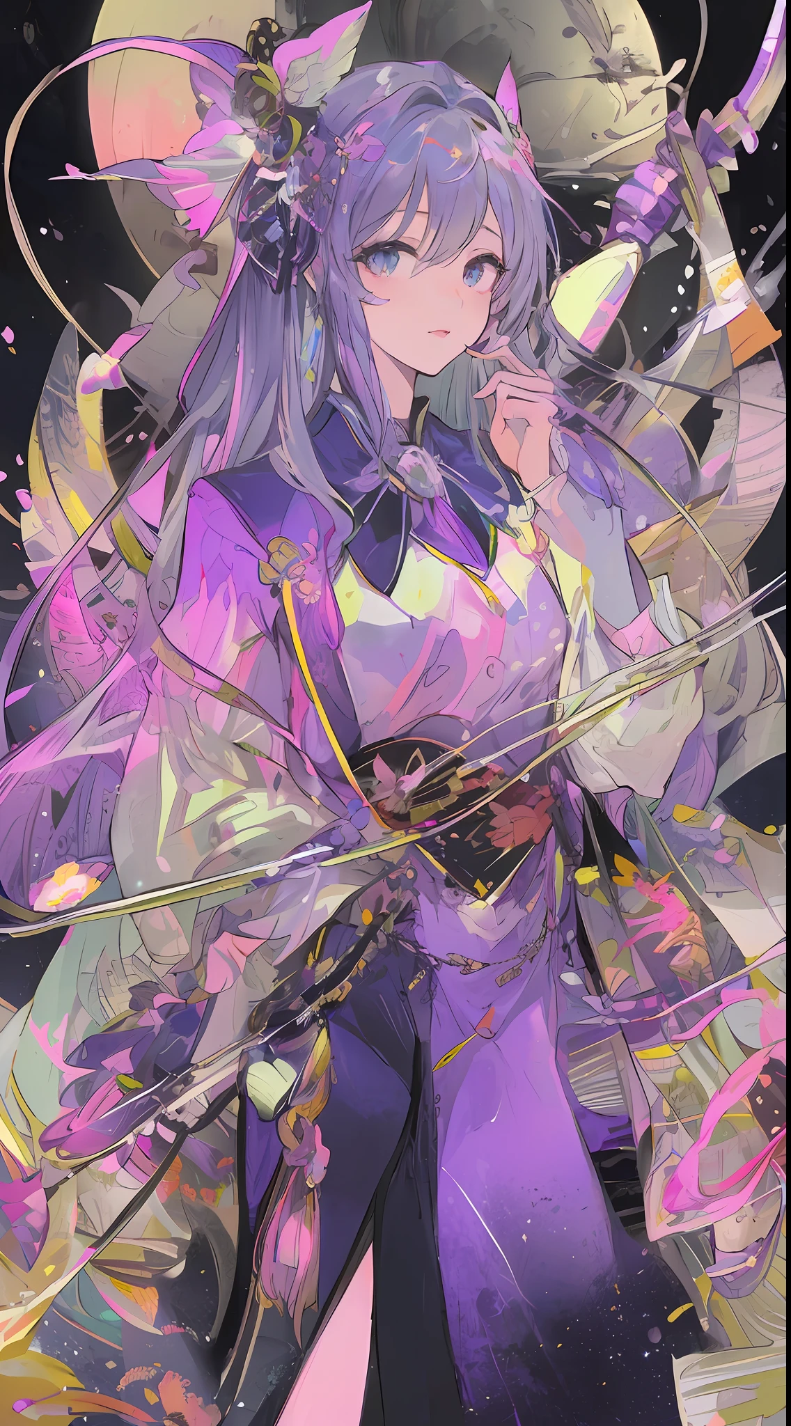 Masterpiece, Best, Night, Full Moon, 1 Female, Mature Woman, Chinese Style, Ancient China, Elder Sister, Royal Sister, Cold Face, Expressionless, Silver White Long Haired Woman, Pale Pink Lips, Calm, Intellectual, Three Belts, Gray Hitomi, assassin, dagger, flower ball background, street view