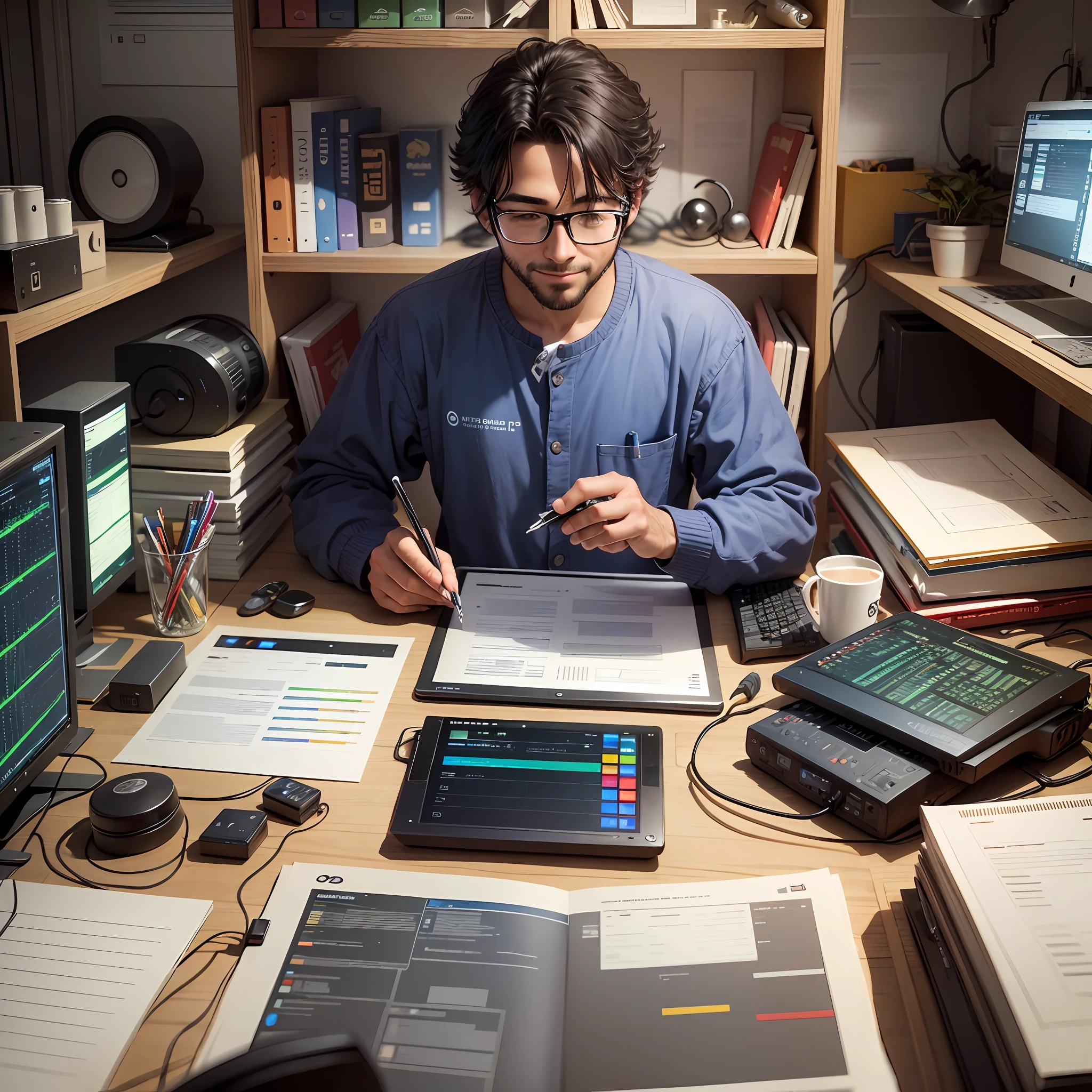 A person working on their state-of-the-art computer and happy to be making a lot of money --auto --s2
