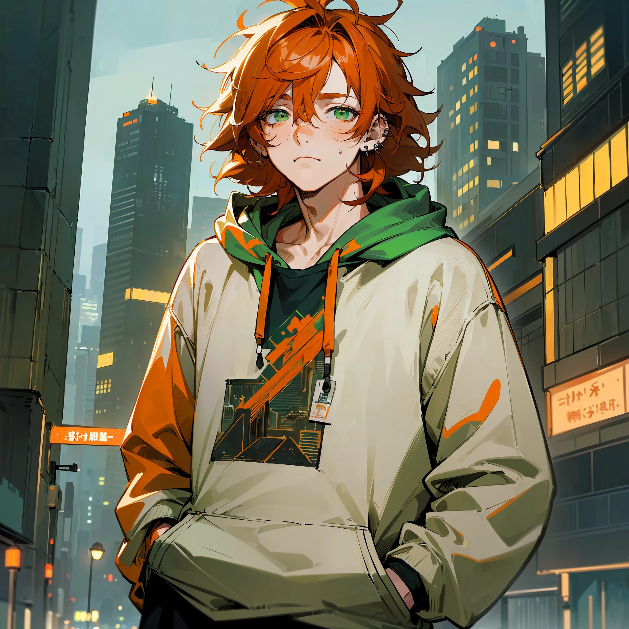 ((highest quality, masterpiece, 4k, finely detailed, detailed eyes, detailed face, gelbooru, pixiv, warm lighting)), ((solo)), 1 male, handsome, male, adult male, older face, broad shoulders, closeup of face, ((red hair up to shoulder)), looking at the viewer ((lazy eyes, semi-eyelids, tired eyes, bags under eyes, green eyes)), (hoodie, sweatpants), ((orange hair, medium length hair, messy hair), standing, hands in pockets, city background, night, freckles, piercings, anime version, detailed, 4k quality --auto --s2