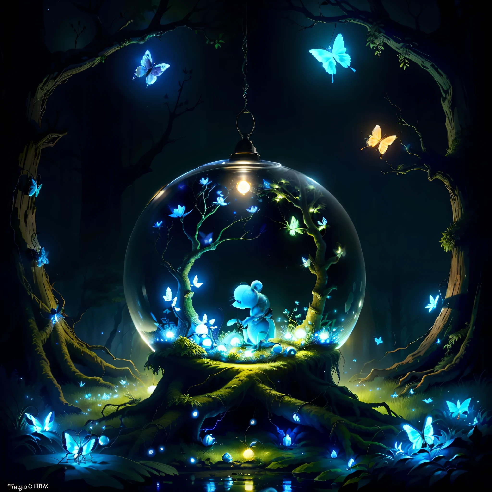 drawing me a nest of night smurfs ants in an old forest, twinkling lights, in a spherical aquarium, with fireflies and butterflies glowing, 4k, HDR, animated