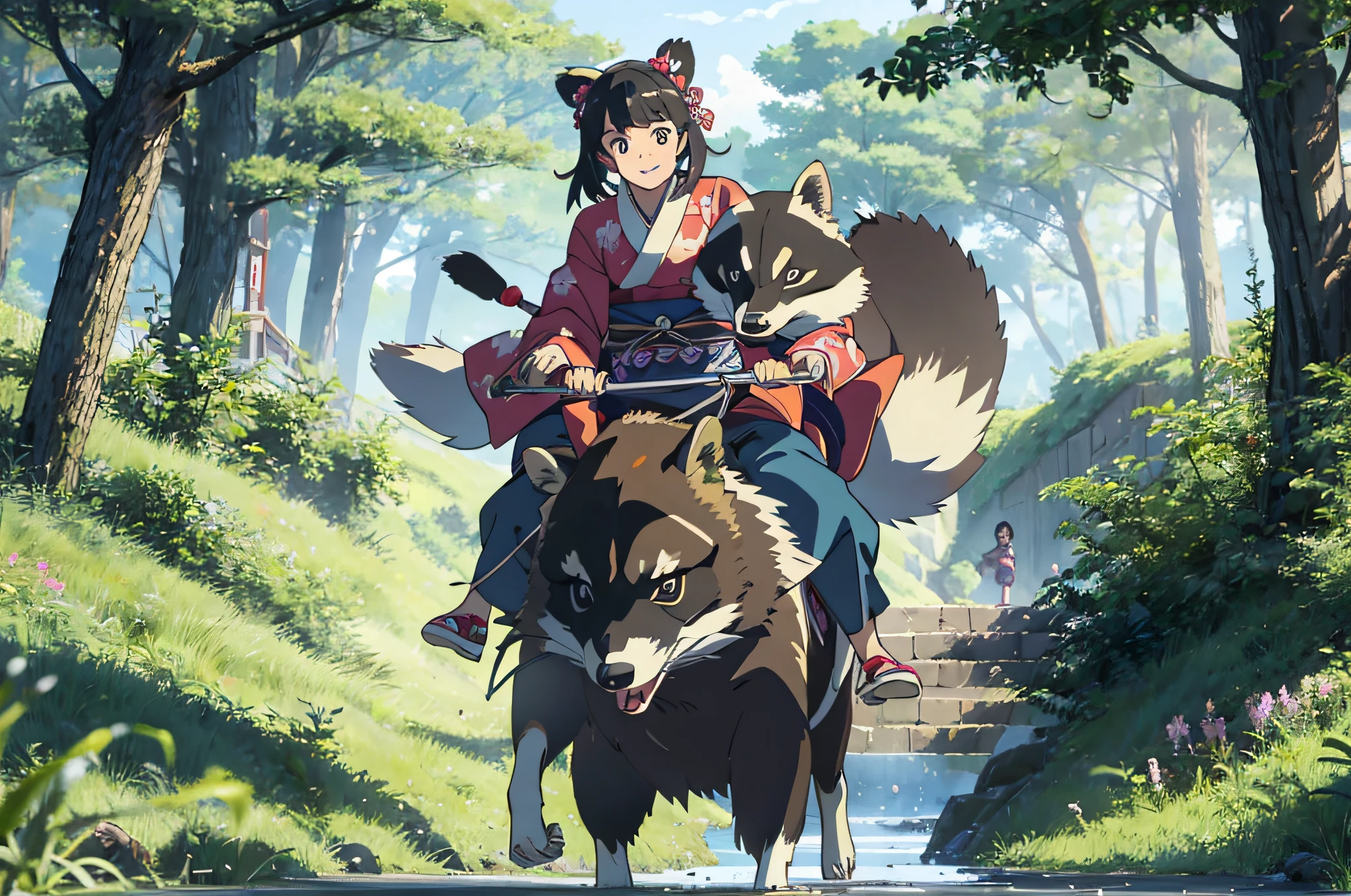 A happy looking girl in a kimono riding a big raccoon and running through the grassland.