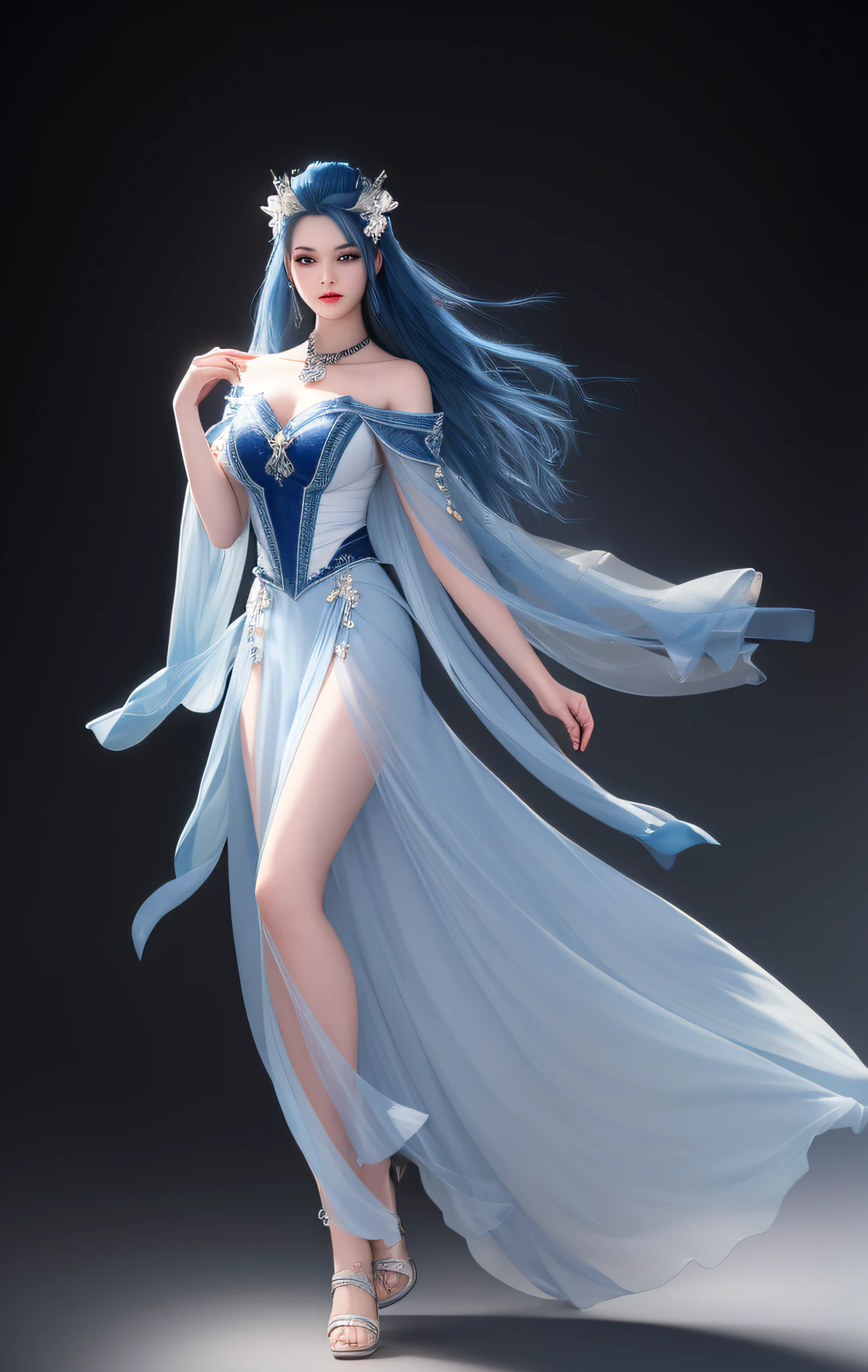 Vampire, Best Quality, Masterpiece, High Resolution, 1Girl, Blue and White Porcelain, Full Body Exposed Feet, Porcelain Skirt, Blue Hair, Hair Accessories, Necklace, Jewelry, Beautiful Face, Body, Tyndall Effect, Realistic, Dark Studio, Edge Lighting, Two-tone Lighting, (High Detail Skin: 1.2), 8K UHD, DSLR, Soft Light, High Quality, Volumetric Light, Voyeur, Photo, High Resolution, 4K, 8K, Background Blur