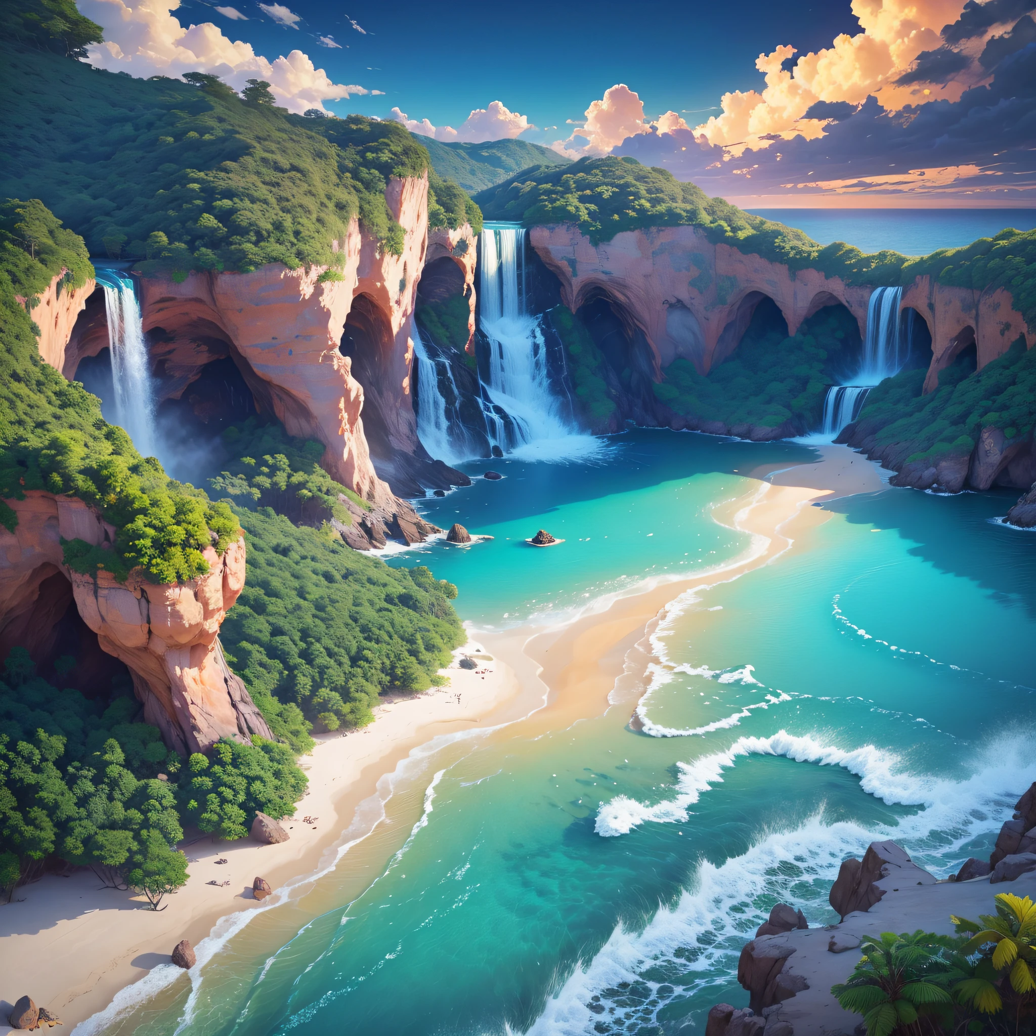 Serene beach landscapes: Create stunning coastal scenes with pristine beaches, turquoise waters and golden sandy beaches, capturing the essence of relaxation and happiness.
Exotic flora and fauna: Generate vivid visuals featuring tropical plants, vibrant flowers, and fascinating wildlife such as colorful birds, exotic insects, or sea creatures.
Majestic waterfalls: Use AI to depict breathtaking waterfalls that plunge into crystal clear pools, surrounded by lush foliage and dramatic rock formations.
Paradise Islands: Transport viewers to islands with palm trees and blue waters, featuring idyllic AI-generated destinations filled with tranquility and natural beauty.
Tropical sunset: Capture the magical hues of a tropical sunset, with vibrant colors painting the sky and casting a warm glow over the landscape. hyper realistic photograph 8k --auto --s2