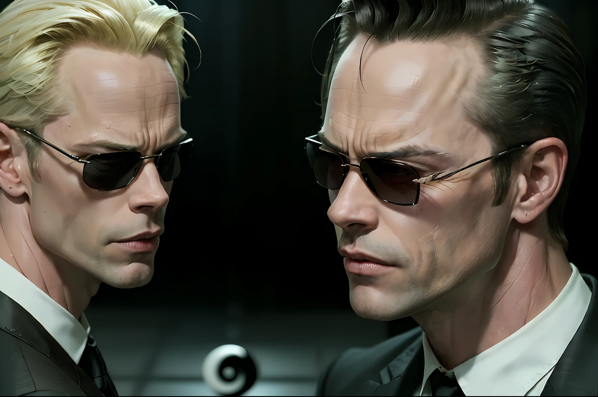 (((men arguing))), (((men talking))), (yin yang men), (men reflection of each other), (((yin yang))) ,((best quality)), ((masterpiece)), (detailed) fan art of evil man GUY PEARCE face, blond GUY PEARCE in a suit with square sunglasses close up, night, 80mm, ((western animation)), (neo the matrix (1999)), (short hair), (tokyo street nights)