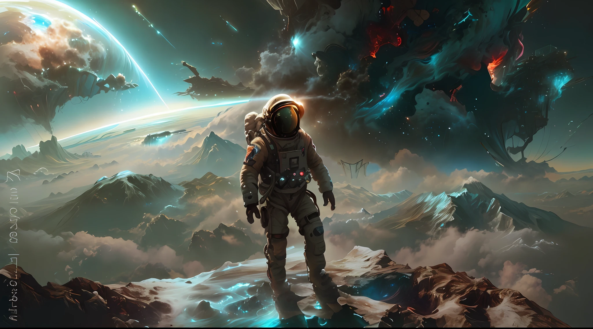 astronaut standing on a mountain looking at the sky, astronaut stranded on planet, astronaut lost in liminal space, astronaut standing looking, futuristic astronaut, astronaut in space, astronaut, portrait of astronaut, astronaut on the moon, space walk scene, portrait of an astronaut, lonely astronaut, sitting on the cosmic cloudscape, spaceman standing looking, portrait of an ai astronaut, BioPunkAI