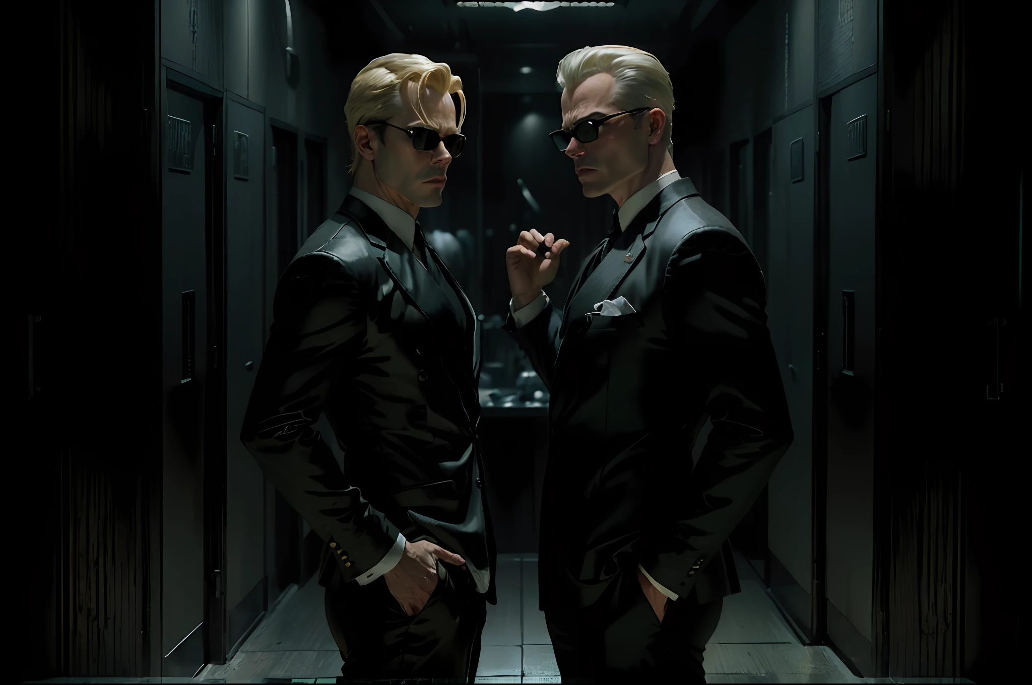 (((men arguing))), (((men talking))), (yin yang men), (men reflection of each other), (((yin yang))) ,((best quality)), ((masterpiece)), (detailed) fan art of evil man GUY PEARCE face, blond GUY PEARCE in a suit with square sunglasses close up, night, 80mm, ((western animation)), (neo the matrix (1999)), (short hair), (tokyo street nights)