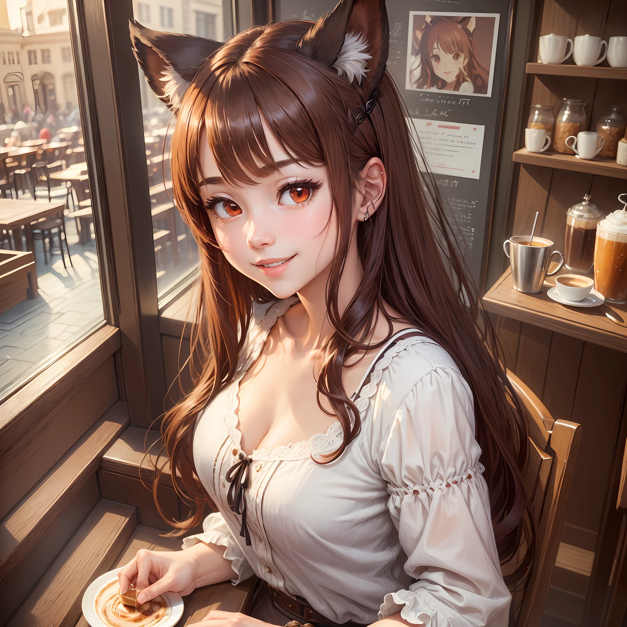 (Masterpiece), (Best Quality), (intricate_details:1.1), (Fine Details:1.4), (distinct_image:1.2), (Cafe Background),Anime,Date with Her, Cute, (Upper Body), Smile,Shiny Red Eyes/Brown Hair, Long Hair, Animal Ears, Vine, Smooth Lighting, Shirt, --auto --s2