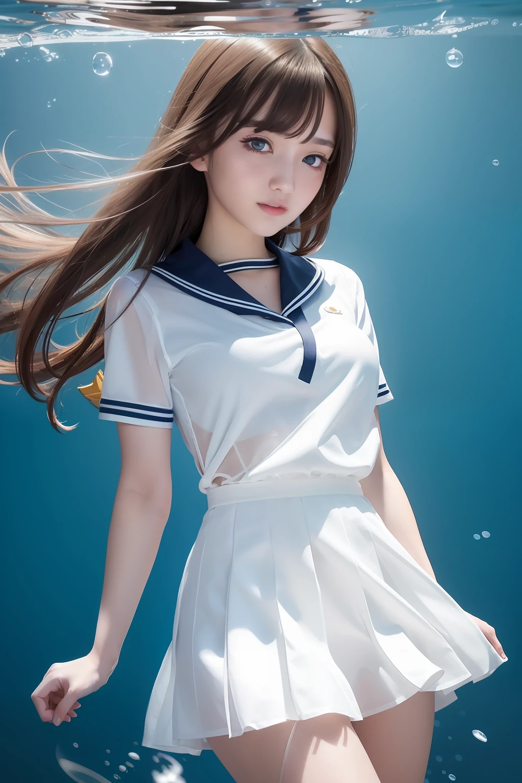 (see-through:1.3),white serafuku,sailor dress, white theme,school uniform, sailor suit, looking at viewer,  insanity, messy long hair, beautiful detailed eyes,Hair glows,dramatic angle,blue sailor collar, perky breasts,light smile,partially underwater shot...