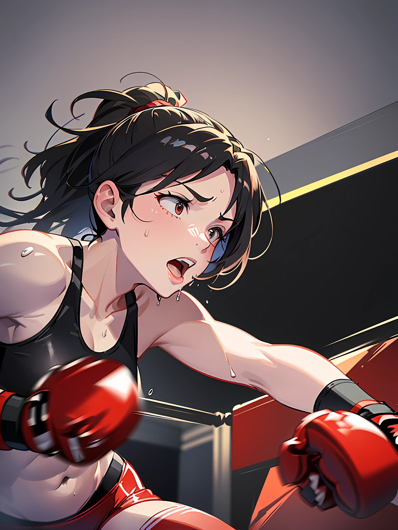 Women's boxing match. A mature boxer receives a strong punch from her opponent, flies to consciousness, and leans straight to the corner of the ring. ((red boxing gloves)), black sports bra, sweat and saliva all over