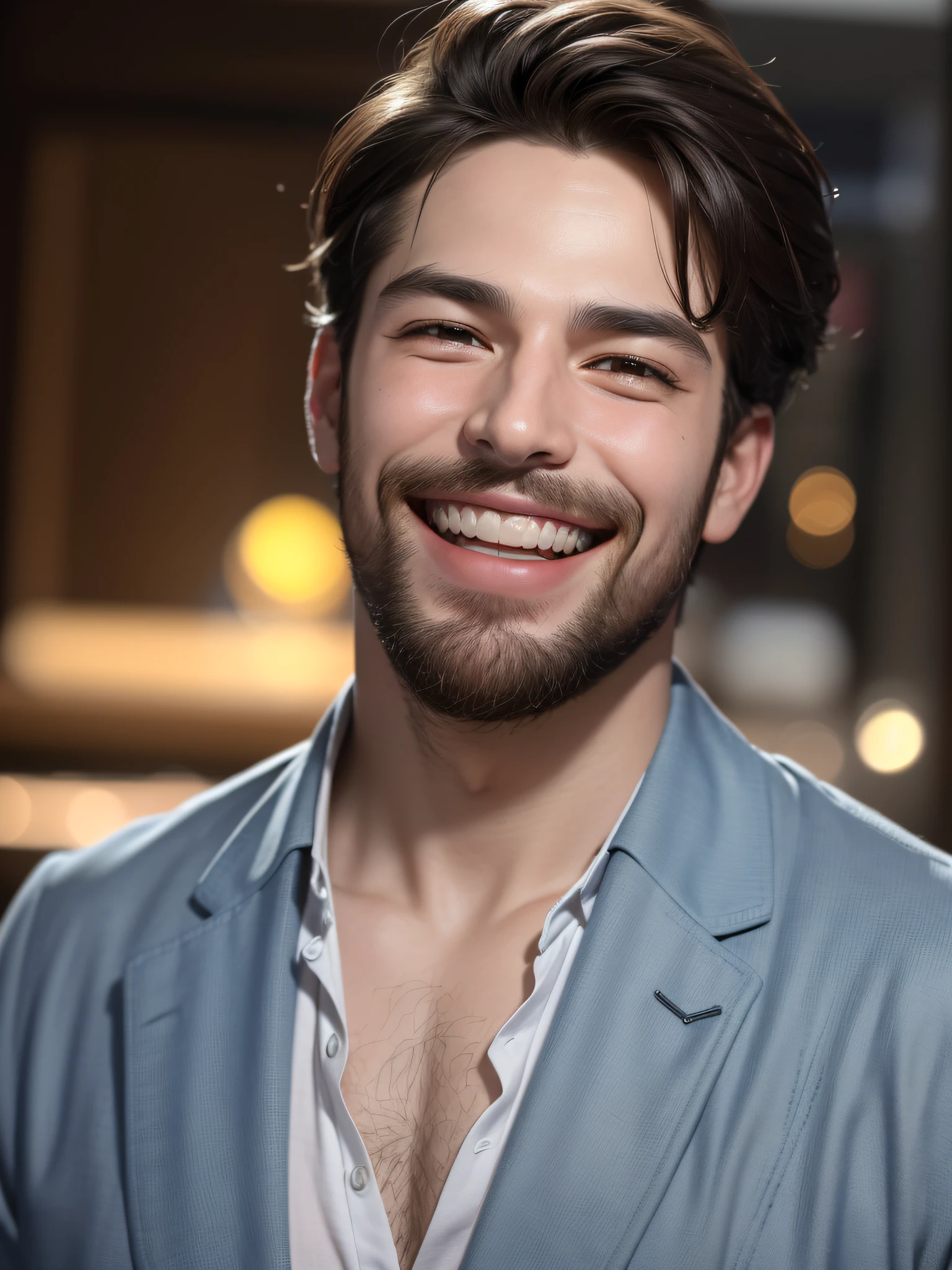 Best quality, masterpiece, ultra high resolution, (photorealistic: 1.4), raw photo, handsome man, facial hair, ((((BIG SMILE)))
