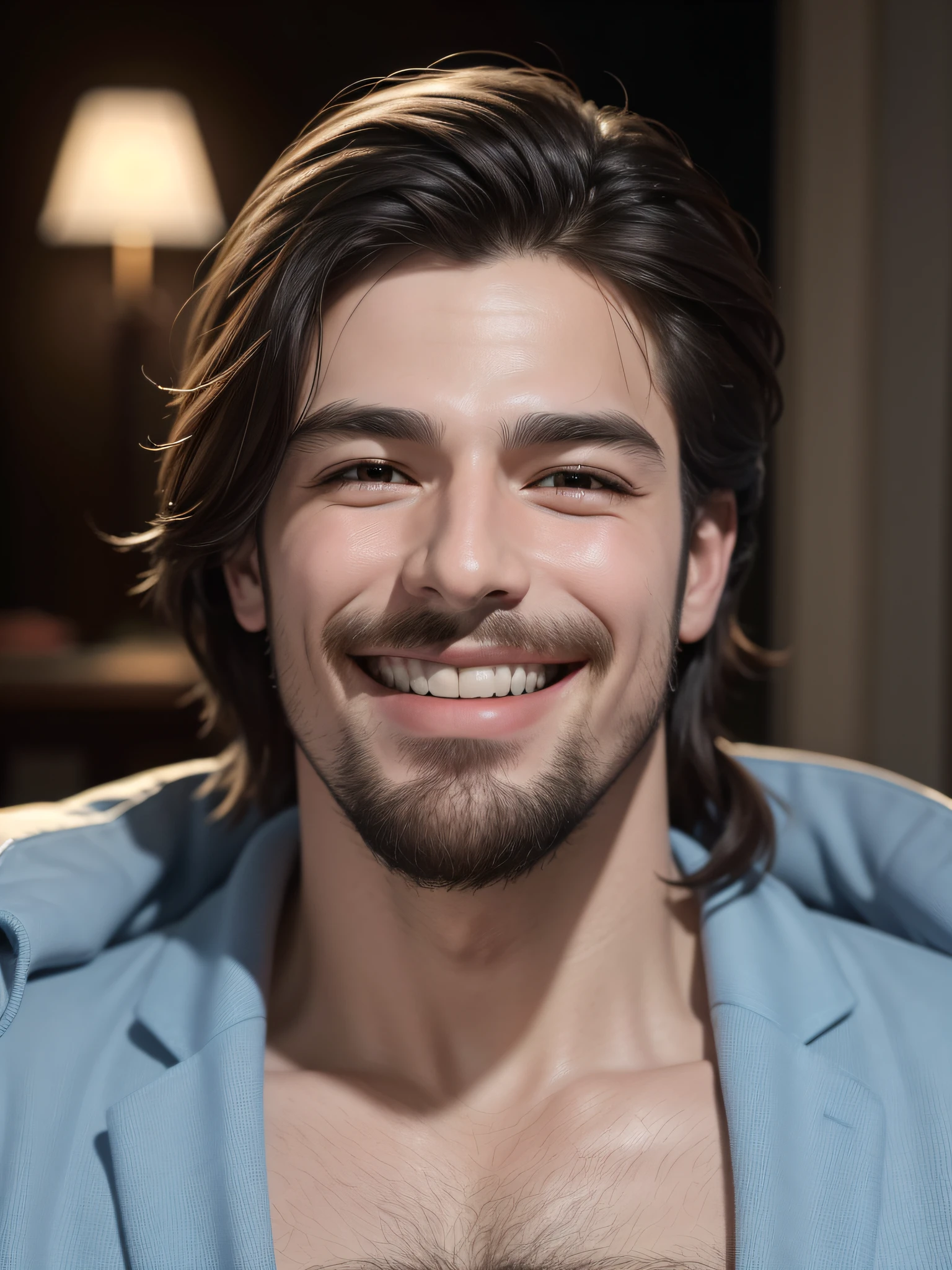 Best quality, masterpiece, ultra high resolution, (photorealistic: 1.4), raw photo, handsome man, facial hair, ((((BIG SMILE)))