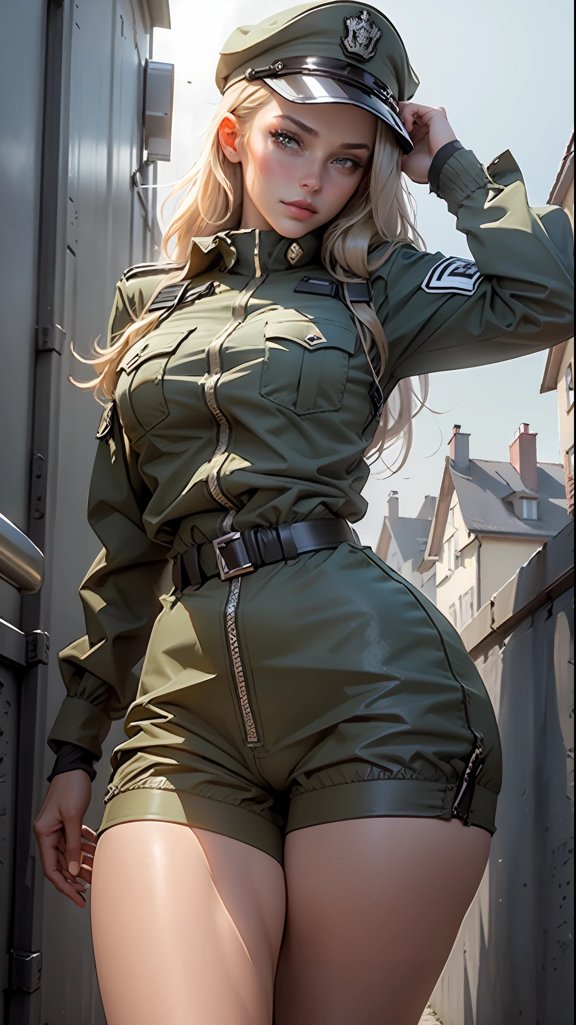 Beautiful woman with a body defined in detail, using the role play of the German GSG9 - German Border Guard 9th Brigade, wearing the costume of GSG9 - German Border Defense 9th Brigade troops, big breasts, thin waist, full buttocks