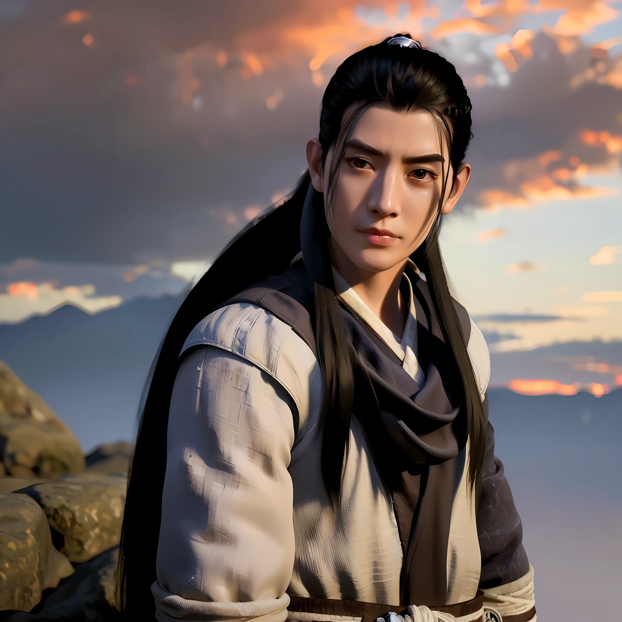 A man with long hair and a scarf around his neck, standing in front of mountains and cloudy sky, (1girl:0.992), (brown eyes:0.947), (brown hair:0.737), (mitts:0.694) , (gloves: 0.597), (lips: 0.812), (long hair: 0.817), (nose: 0.515), (outdoors: 0.551), (real: 0.622), (sky: 0.703), (solo: 0.946), (Upper Body: 0.807)