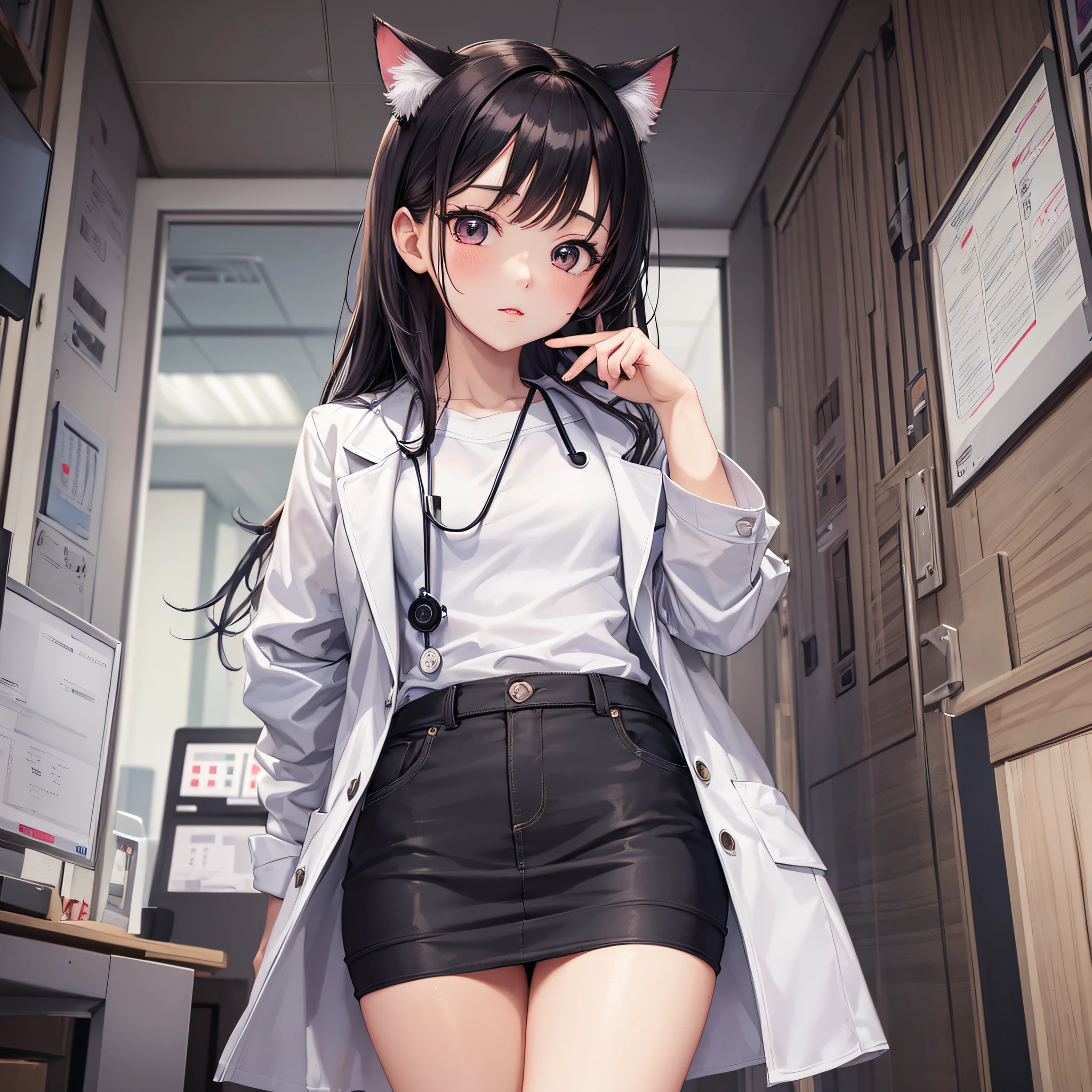 Female Doctor, Cat, White Coat, Kawaii, Slender, Recommended, Product Promotion, Pose, Top Quality, Detailed Eyes, (Small: 1.5), (Thighs: 1.0), Examination Room --auto --s2
