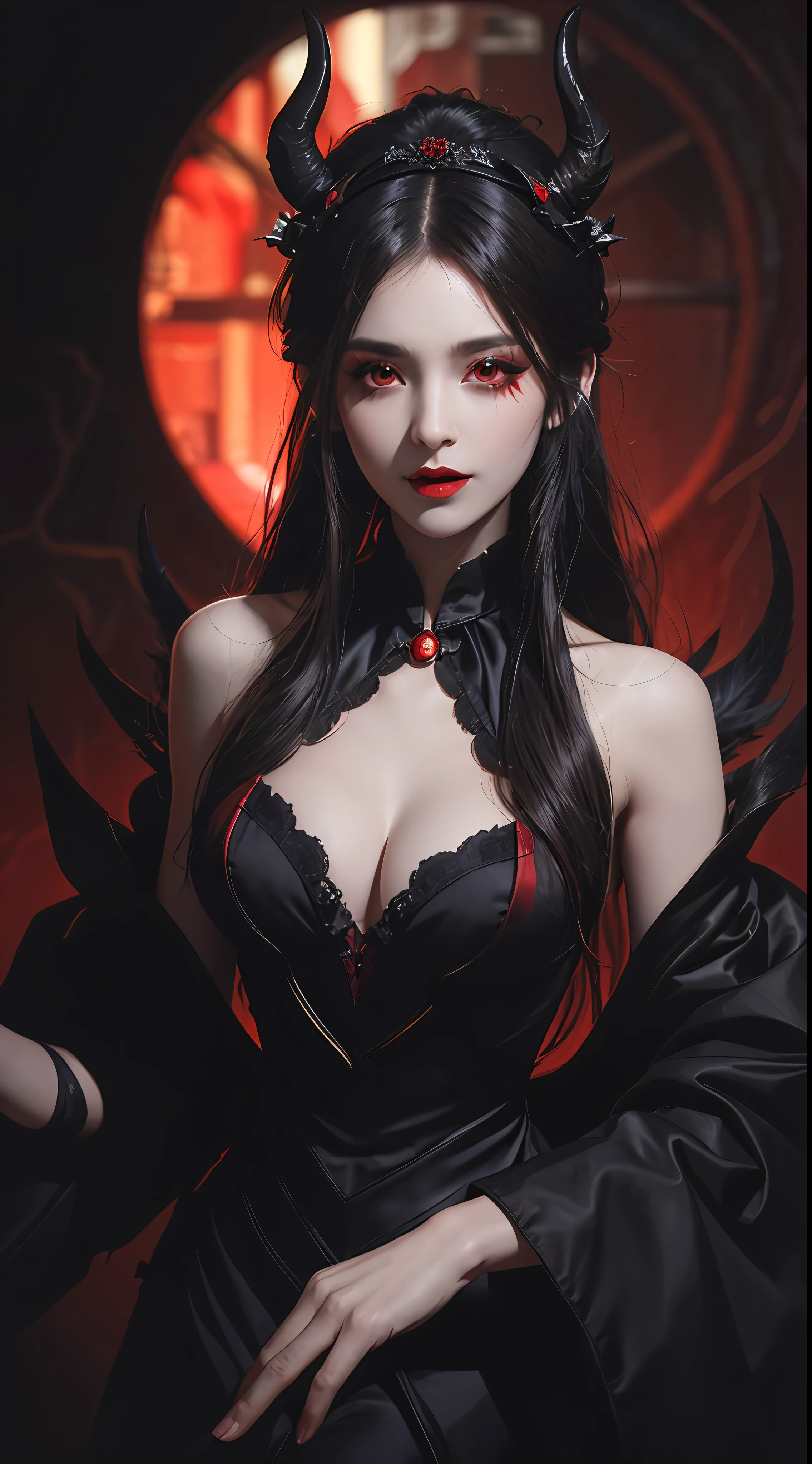 1 beautiful devil woman from hell, In the Dark: 1.6), surreal female portrait by David Hockney and Alphonse Mucha, fantasy art, korea doll, photorealism, dynamic lighting, artstation, poster, volumetric lighting, very detailed faces, 8k ultra, Awarded, in the dark, deep shadow, low key, cowboy lens, (Red phoenix dress: 1.4), long hair, black hair, bust, luxurious palace, Royal style, devil crown, red eyes make up very sharp and detailed, The most beautiful face, The breasts are very big and round and round, Super realistic, chinese women's clothing, polo neck sweater, Charming smile, The eyes are very well made up, guweiz, devil style, wearing black mesh socks, Ponytail with a bow tied at the back of the hair, Red black lips, Devil tattoo on shoulder, wearing a thin red and black robe, the landscape is overcast and thunderous, (Portrait), Close-up of the main character, (Background details 1.8),