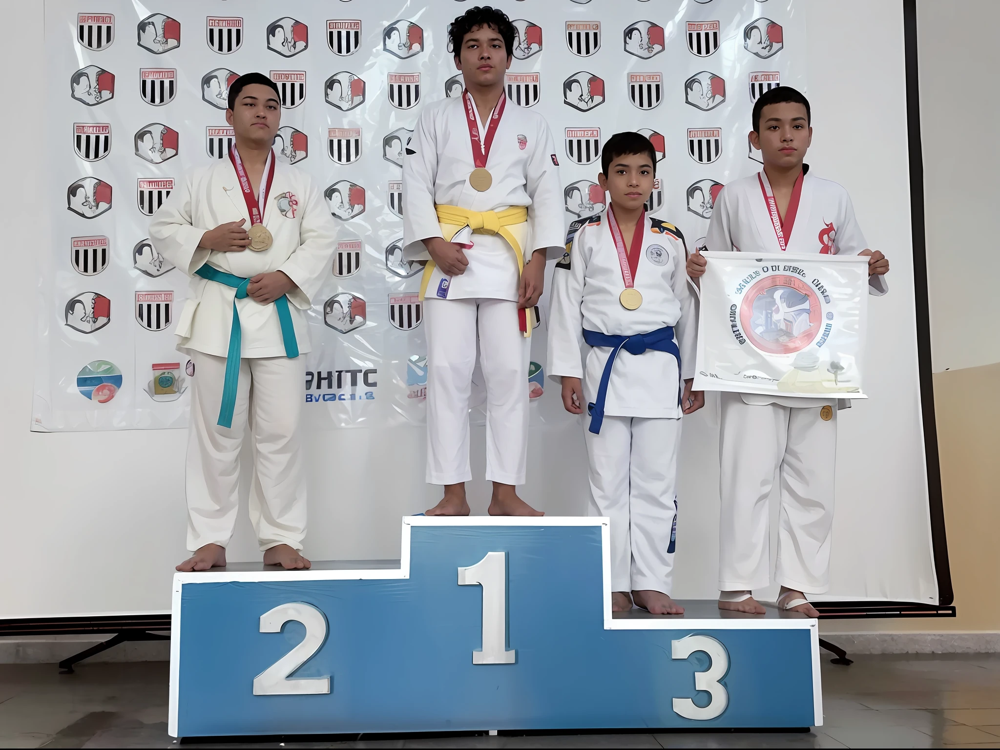 three boys standing on a podium with medals and medals, martial arts tournament, 1 st place, white belt, competition winning, 2 0 1 9, wearing a white gi, 2019, podium, tournament, sao paulo, grading, caio santos, daniel mirante, karate, esteban maroto, amad, david rios ferreira, mma, 1 st winner