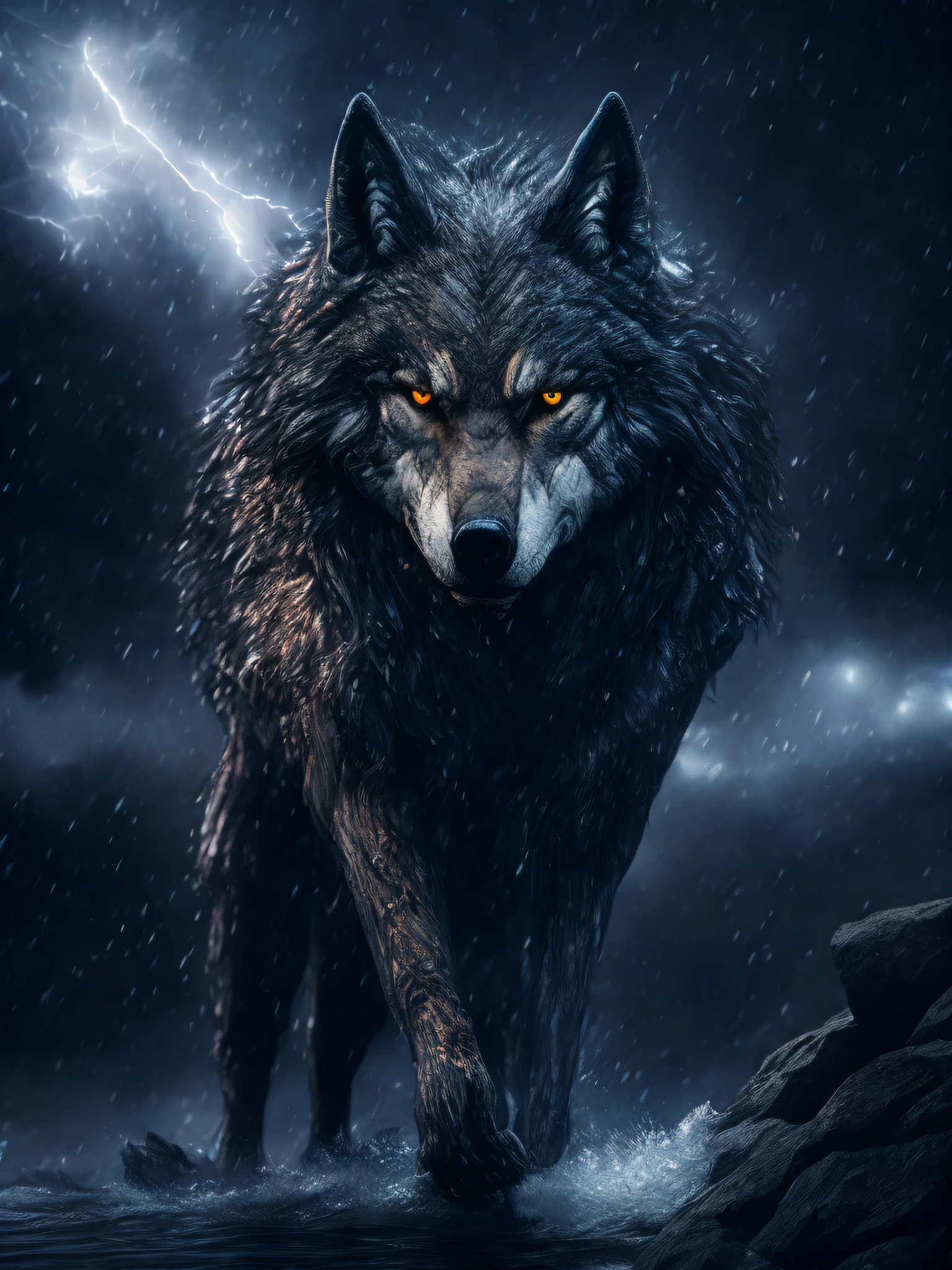 Wolf god, hyper realistic, tension, cold, highly detailed, sharp focus, professional, 8k UHD, cinematic, dark, violent, outdoor, River, battle, chase, dramatic, vivid, nervous vibe, render, epic, twilight, HDR, album cover, blizzard, lightning, cataclysmic