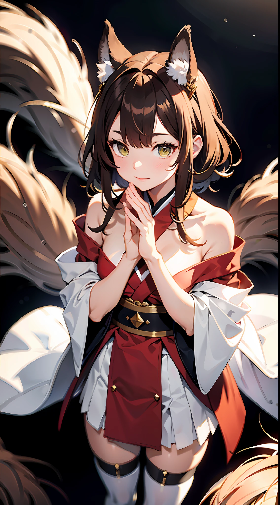 absurd res, high res, (masterpiece:1.4), ultra-detailed, 1girl, from above, space, floating, white+red kimono dress, red dress, black stockings, light brown hair, gold eyes, hands out of frame, long furry ears, furry ears up, long furry ears, crossed arms, hands out of frame, green eyes, brown hair, foxian race, brown furry tail