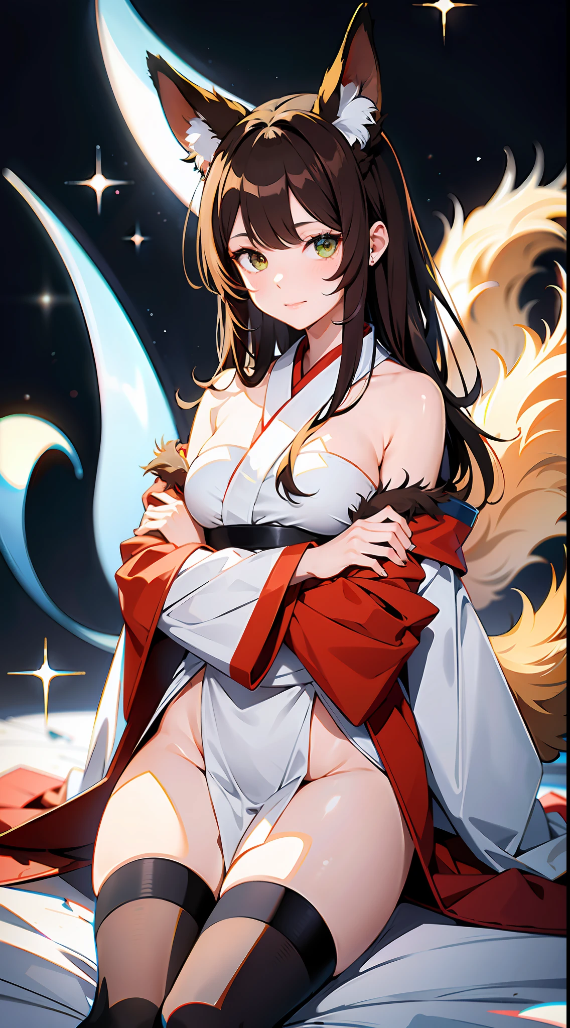 absurd res, high res, (masterpiece:1.4), ultra-detailed, 1girl, from above, space, floating, white+red kimono dress, red dress, black stockings, light brown hair, gold eyes, hands out of frame, long furry ears, furry ears up, long furry ears, crossed arms, hands out of frame, green eyes, brown hair, foxian race, brown furry tail