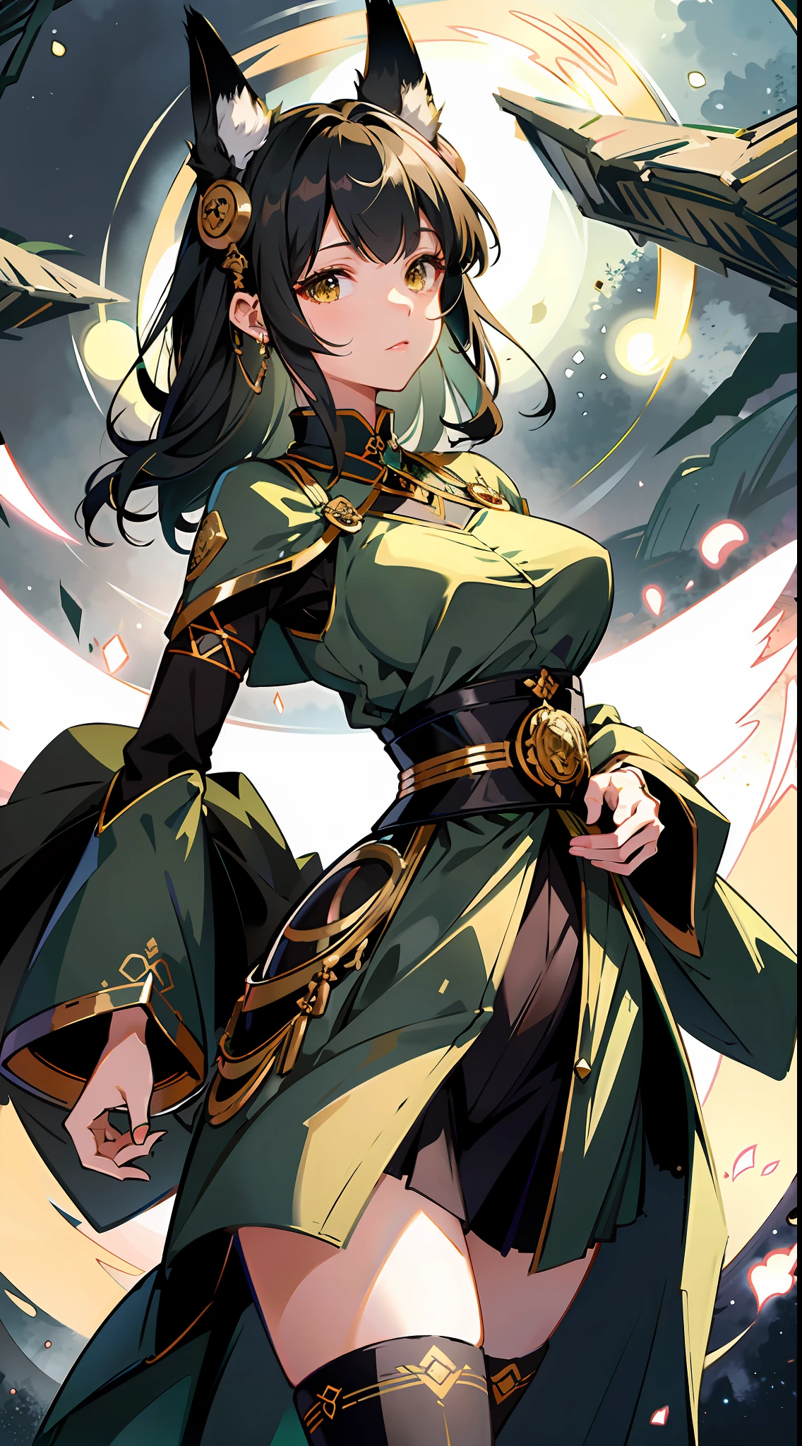 absurd res, high res, (masterpiece:1.4), ultra-detailed, girls, from front, space, floating, dark green Japanese traditional dress mixed with black, dark green + black dress, black stockings, light brown hair, gold eyes, hands out of frame, furry ears, slightly open top, fox ears, medium breasts, boobs, yellow eyes