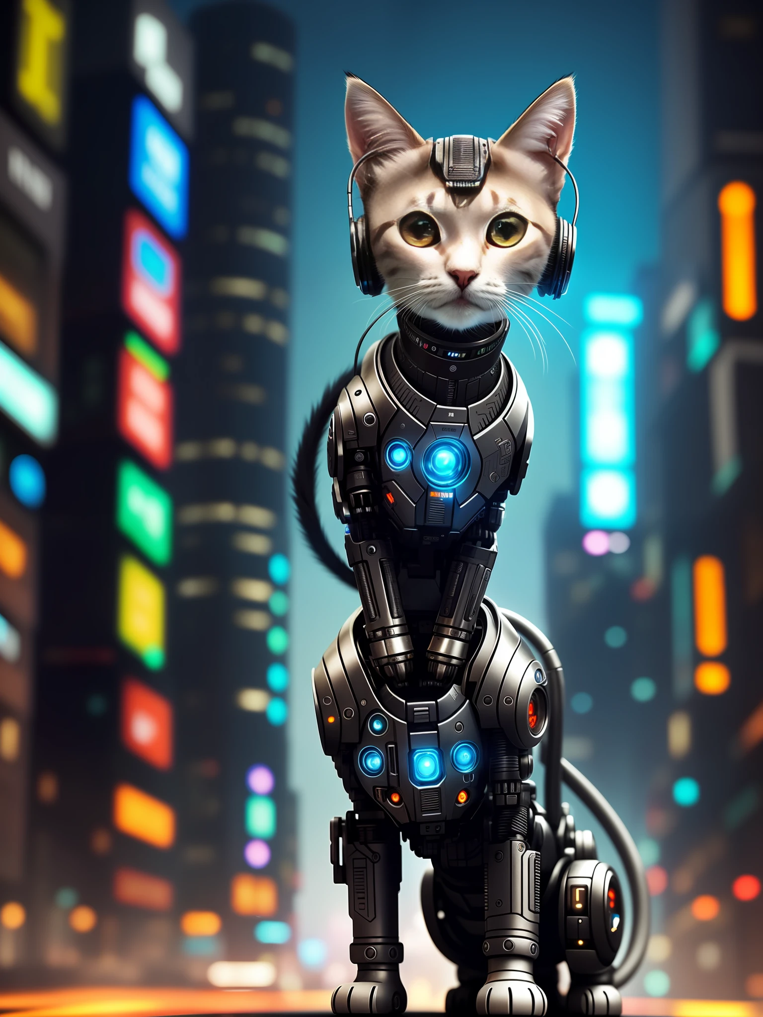 A cute kitten made of metal, (cyborg:1.1), ([tail |  Metal parts]:1.3), (cyberpunk city), HDR, (intricate details, hyperdetail:1.2), cinematic shots, center, (head turned), small ears, (headset), beautiful,