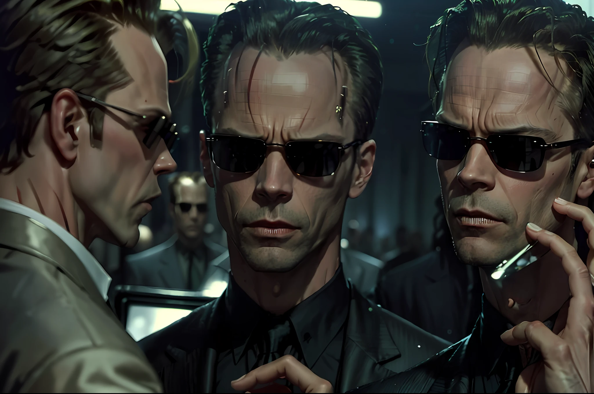 (men reflection of each other),((best quality)), ((masterpiece)), (detailed), there is a evil man GUY PEARCE going out of a mirror, GUY PEARCE face, blond GUY PEARCE in a suit with square sunglasses close up, night, 80mm, ((western animation)), (neo the matrix (1999)), (short hair), (tokyo street nights)
