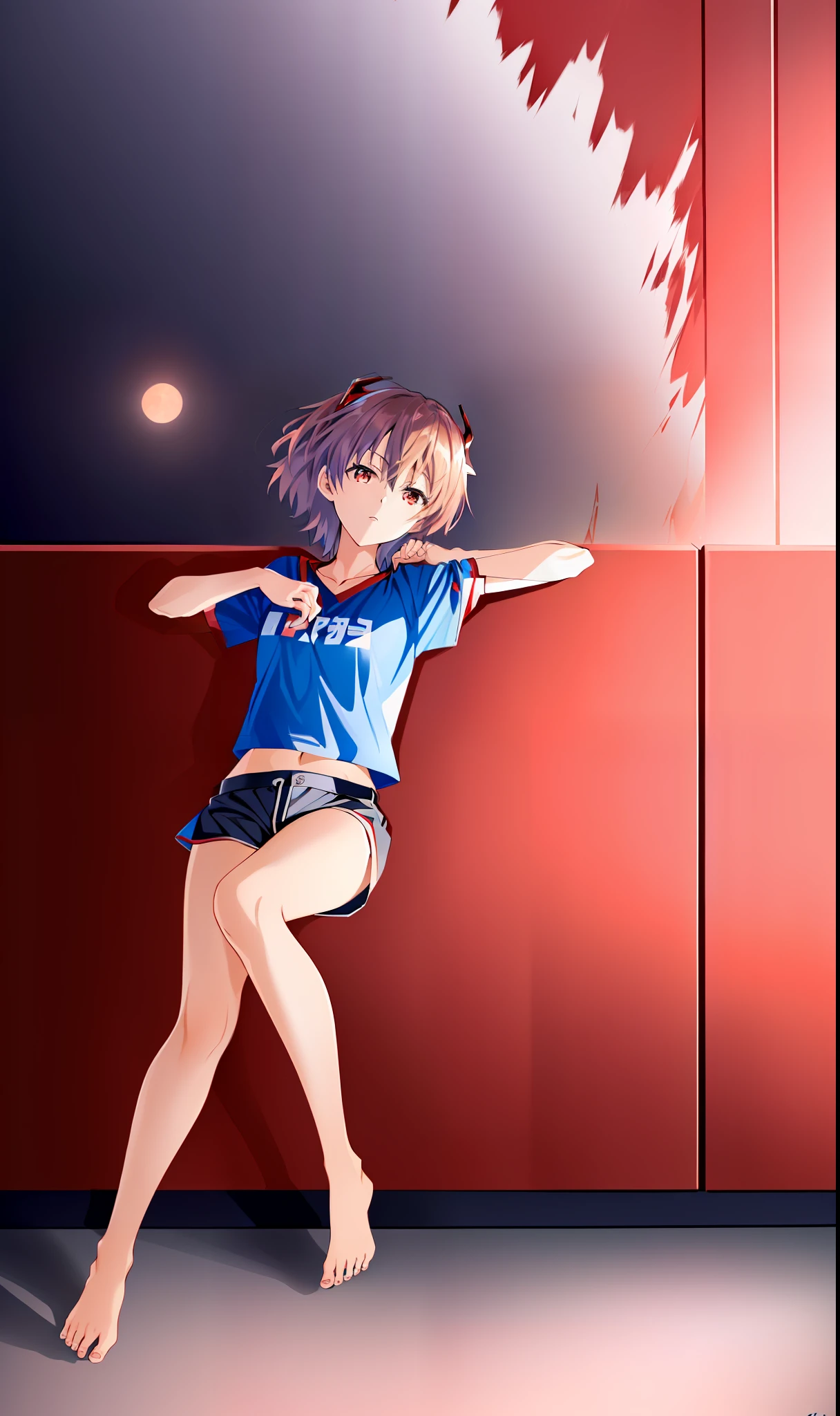 portrait of the masterpiece of the excited King Ayanami \(evangelion\), evangelion \(Hideaki\), (((full body photo)))), high resolution illustration, red eyes, female, no pupils, blue hair, short hair, dynamic angle, roof, ((((night))), casual clothes, tight shorts and top, dynamic pose, mesmerizing, striking, looking at the viewer