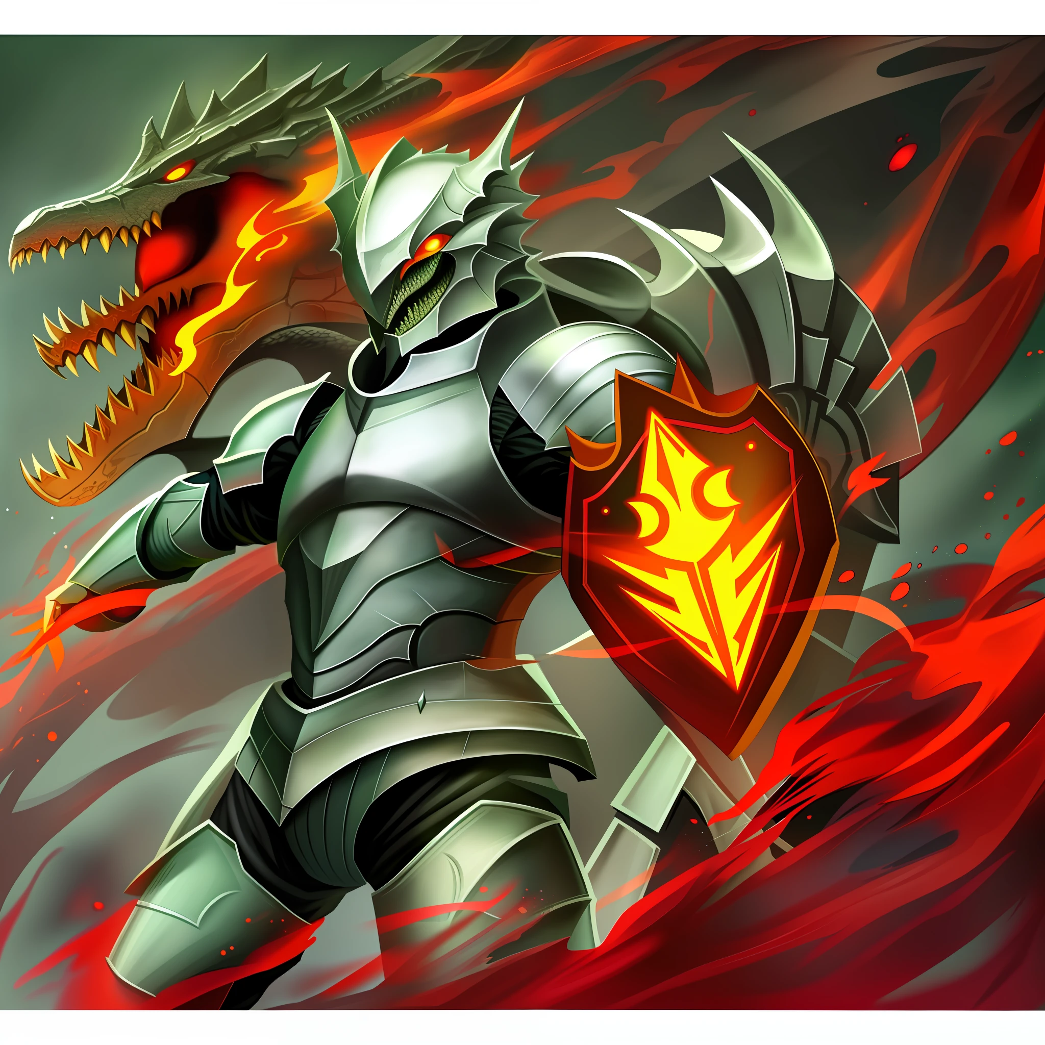 Dragon in armor ridden by Reptilian knight with shield and flaming spear.