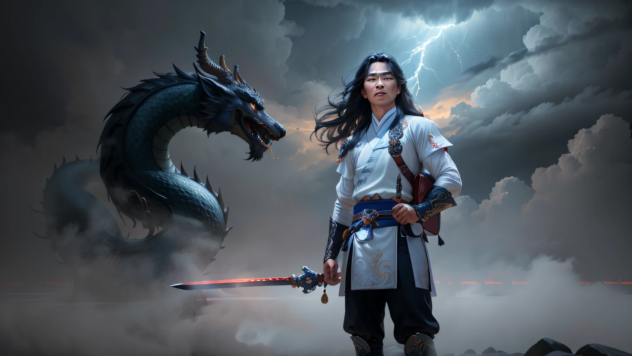 {best quality}, masterpiece, {highres}, original, extremely detailed 8K , photorealistic,intricate detail,, highlydetailed, ultra-detailed,ray tracing,(loong midair, flying,Looking at the camera,misty,fog, ), Dark clouds cover the sky,misty,(1boy,solo, long hair, holding sword, lightning surround, standing,fight), daoist, cinematic lighting, fire and ice split,daoist practice, spiral loong, cloud loong at the top,